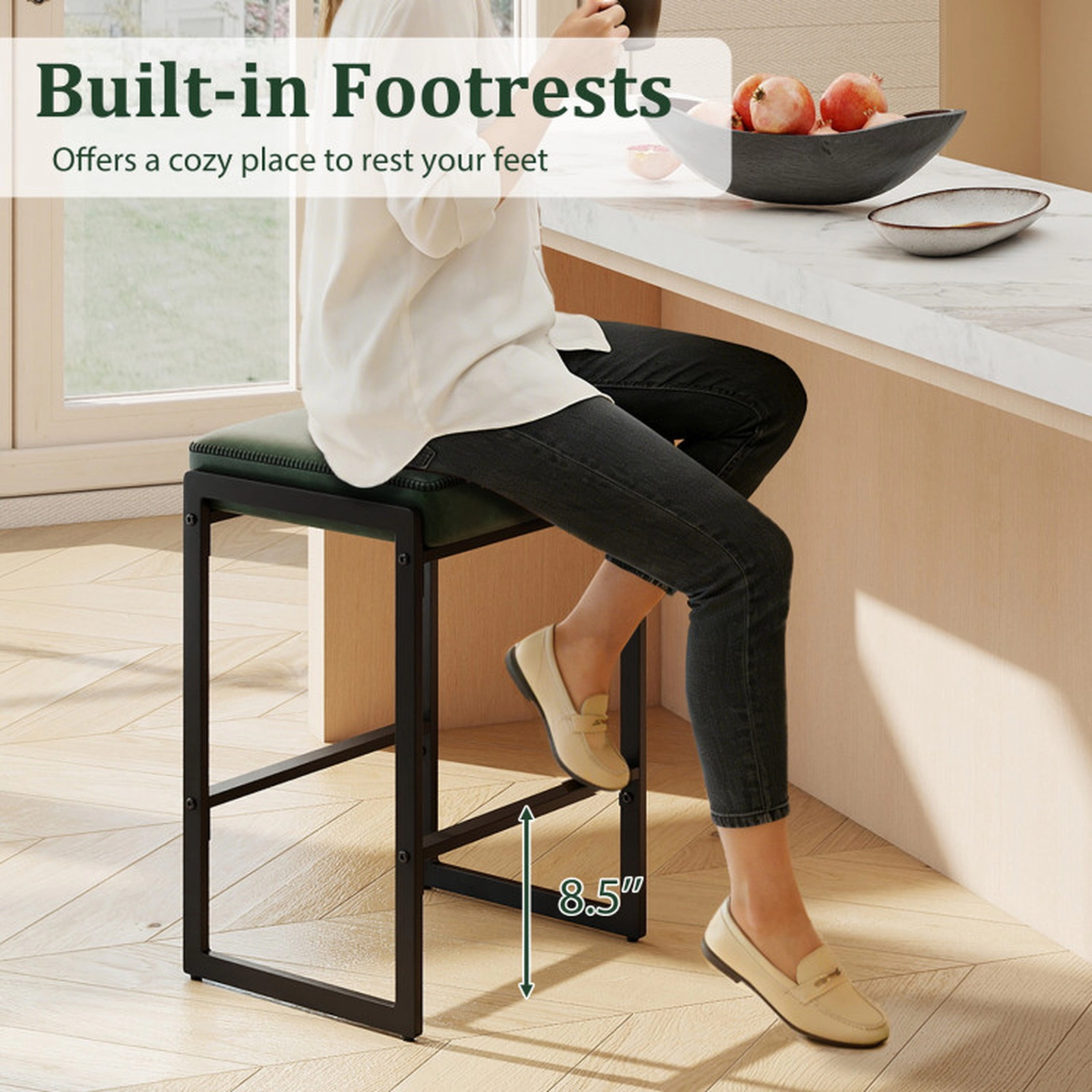 SUGIFT Set of 4 Faux Leather 4-in Cushion 26-in H 330-lb Capacity Counter Height Bar Stools Green