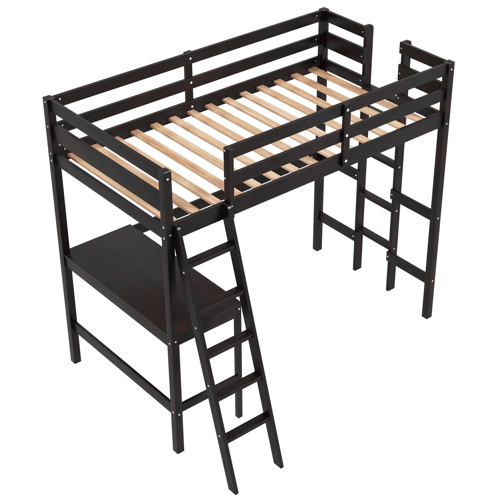 SUGIFT Espresso Angled Desk and Built-in Ladder Twin Teens Loft Bed Frame