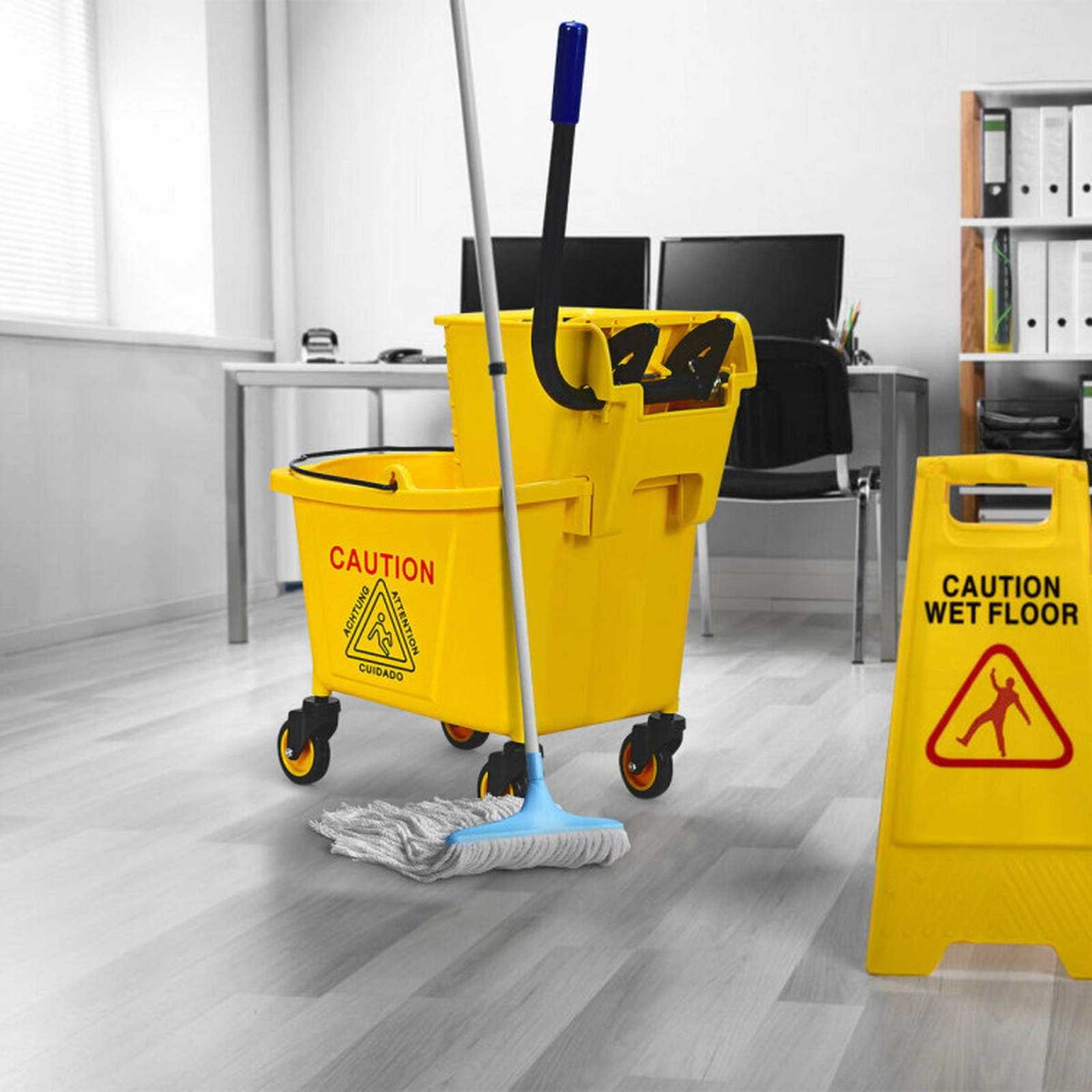 SUGIFT Yellow 26-Quart Commercial Mop Bucket with Side Press Wringer and 3-in Swivel Casters 19.5-in W 33-in H