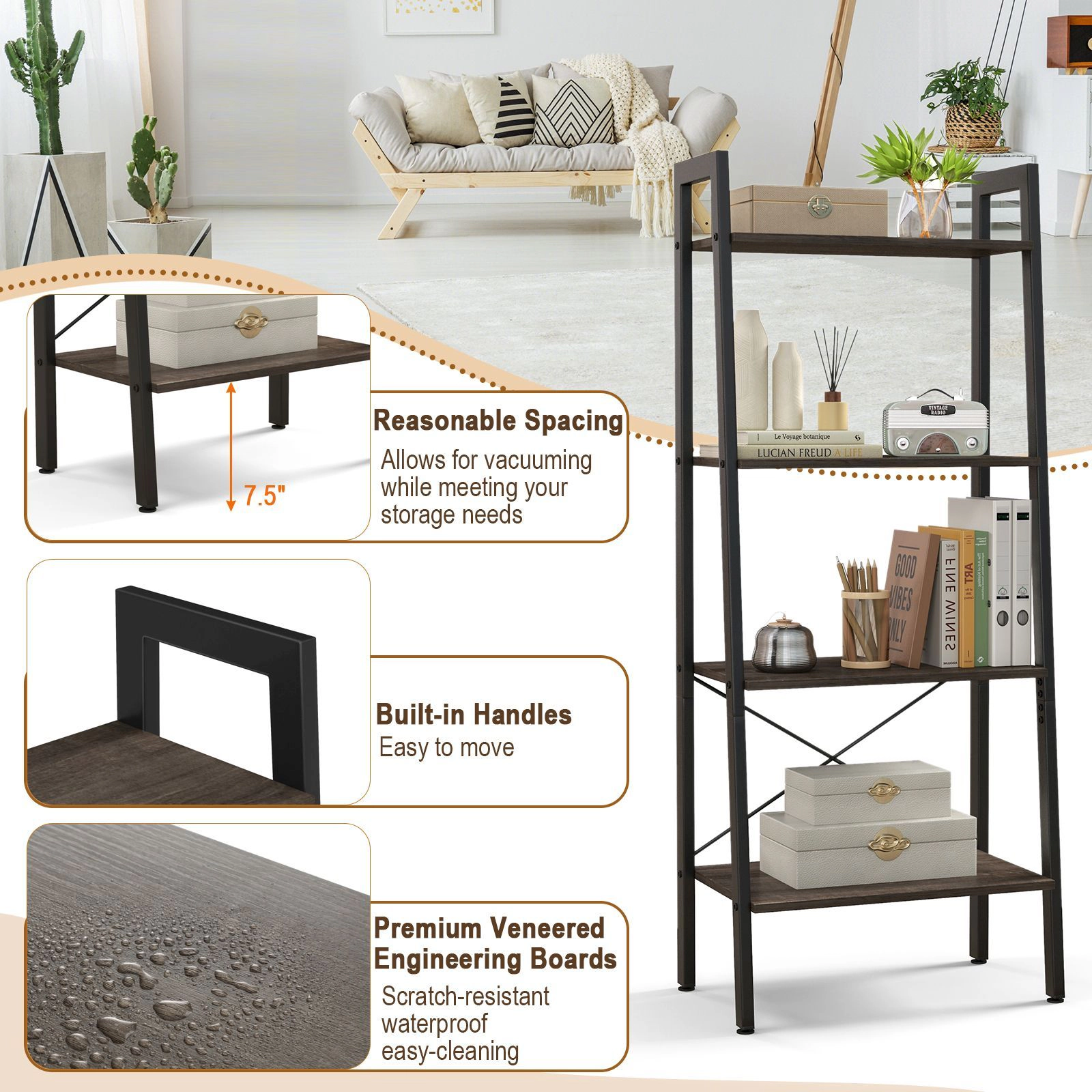 SlickBlue Modern Ladder Bookshelf with 3 Open Shelves and Cabinet