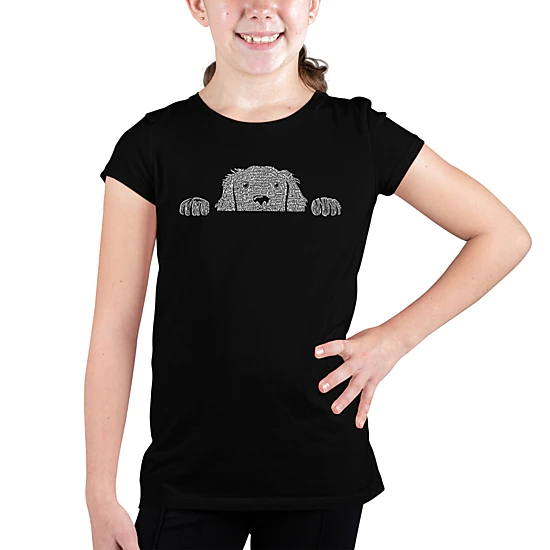 LA Pop Art Girls Word Art T-Shirt - Peeking Dog