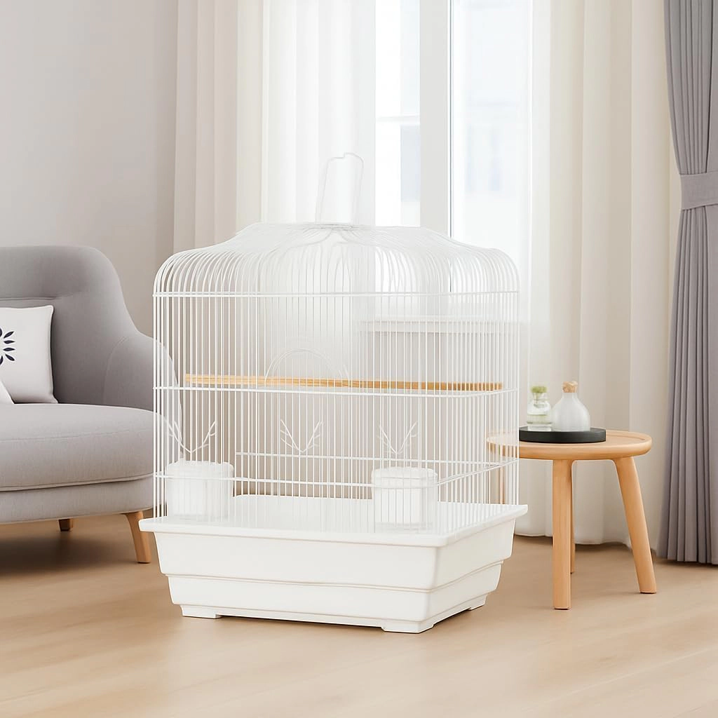 Portable Travel Metal Bird Cage, Lightweight Display Aviary for Budgie Cockatiel Small Parrots, White
