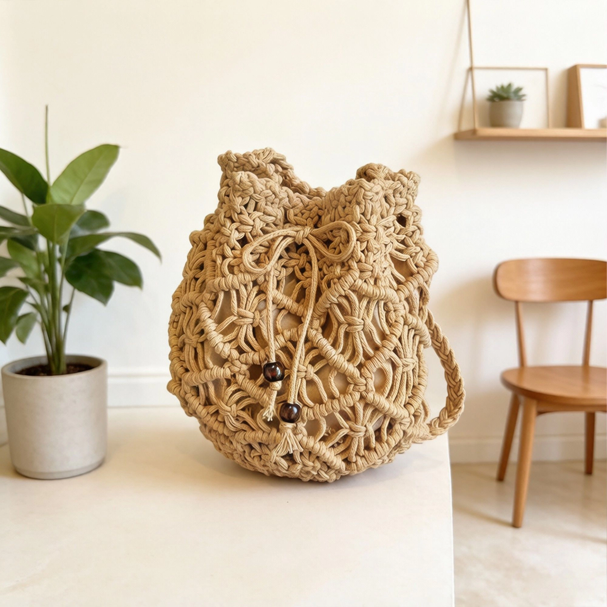 Alilang Women's Open Knit Crochet Shoulder Bag with Drawstring Closure Lightweight Handwoven Mesh Tote Handbag