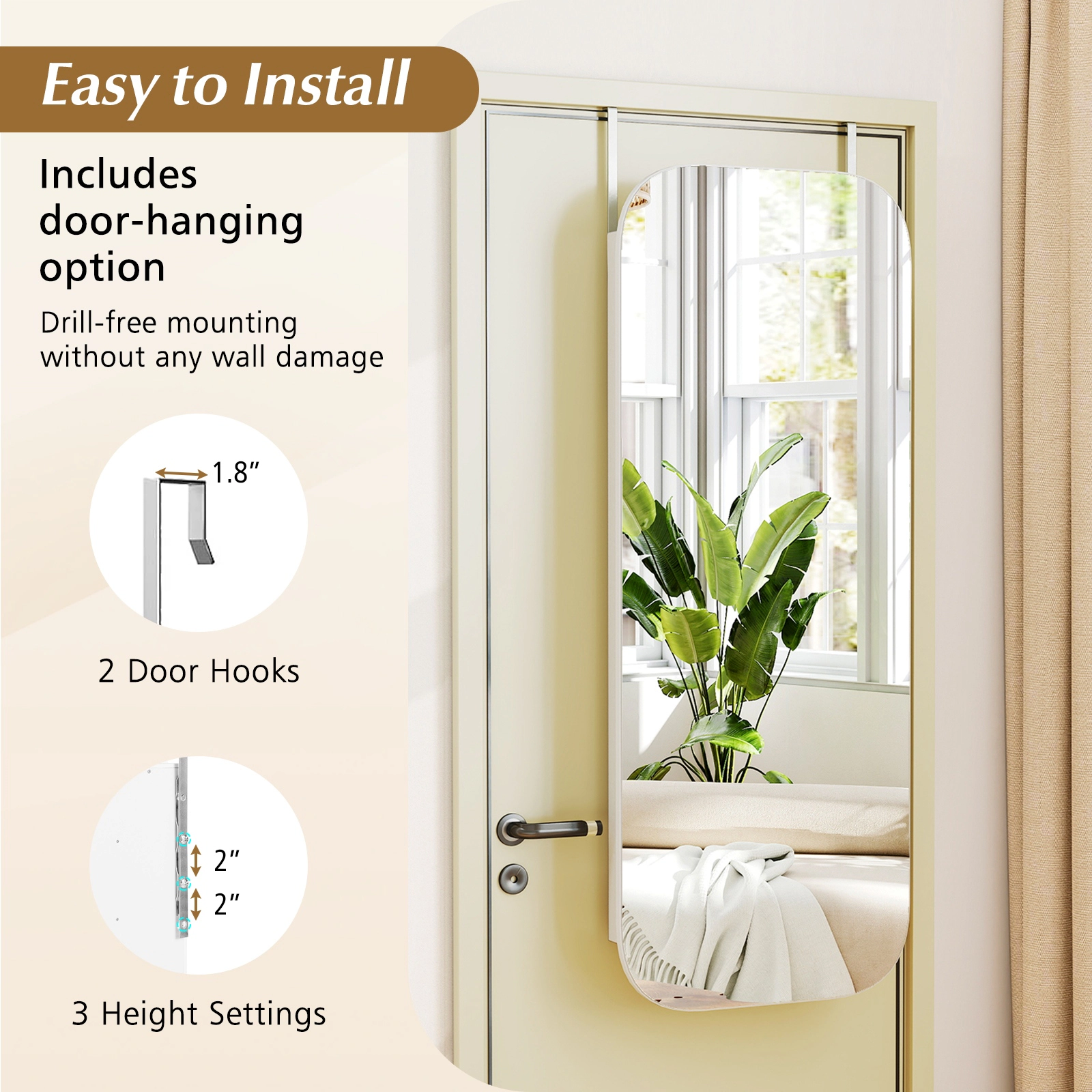 SlickBlue 42.5 Inch Wall or Door Mounted Lockable Jewelry Cabinet with Full-Length Mirror and LED Lights
