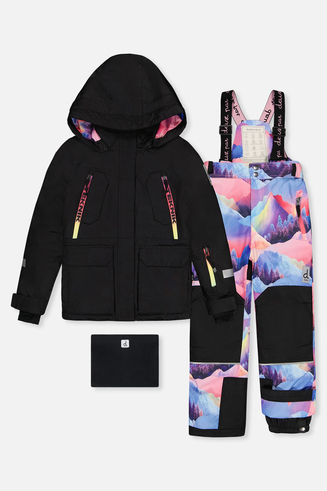Deux par Girls Two Piece Teknik Mountain Print Snowsuit with Hooded Jacket and Snow Pants