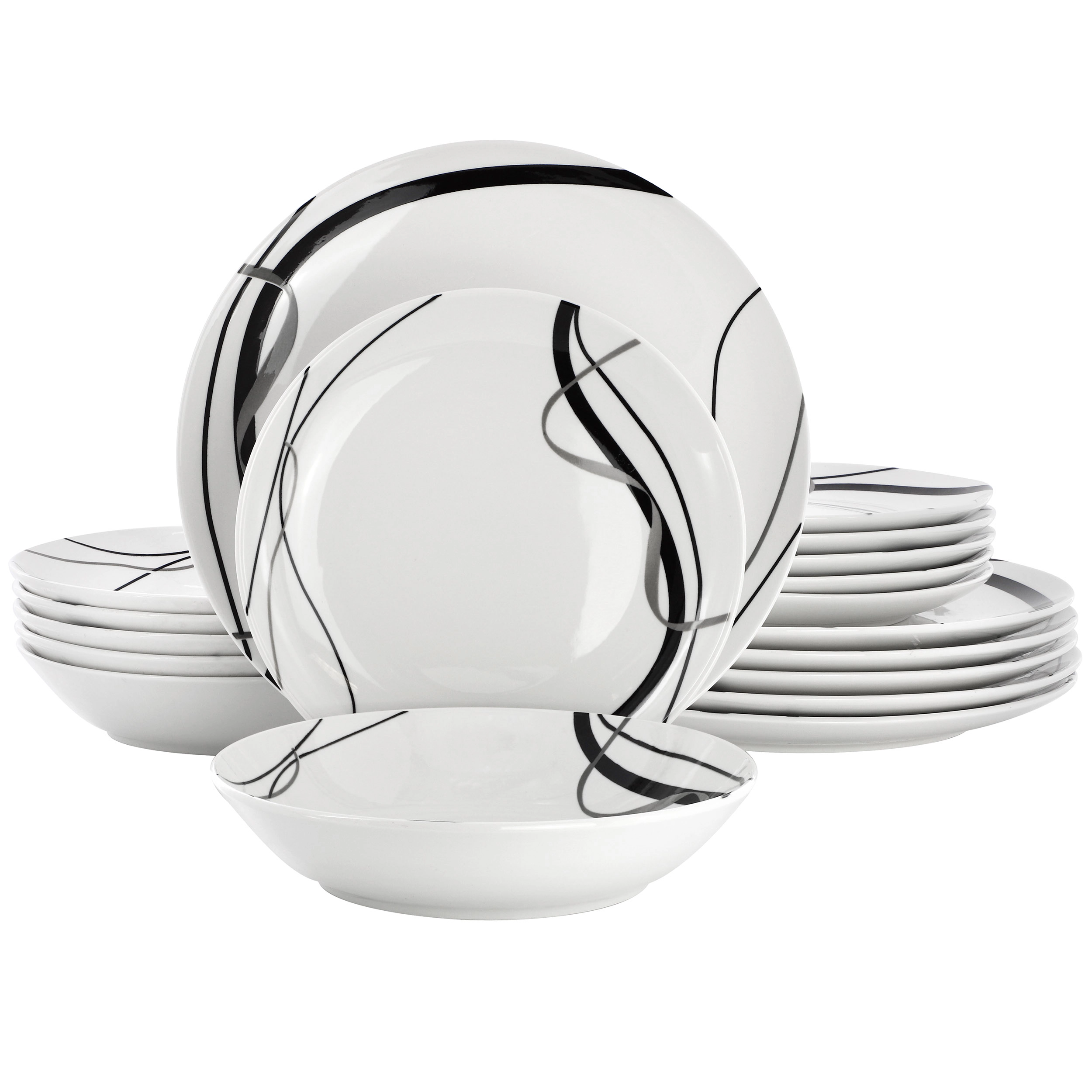 Elama Sarah 24 Piece Porcelain Black Ribbon Double Bowl Dinnerware Set, Service for 6 in White and Black