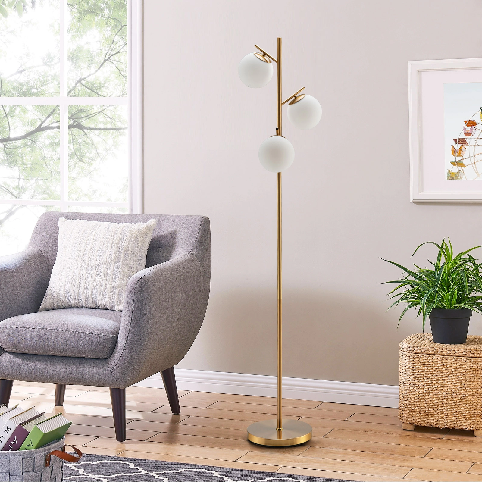 Slickblue Triple Glass Shade Floor Lamp 66in Gold Metal Frame Living Room Bedroom Lighting