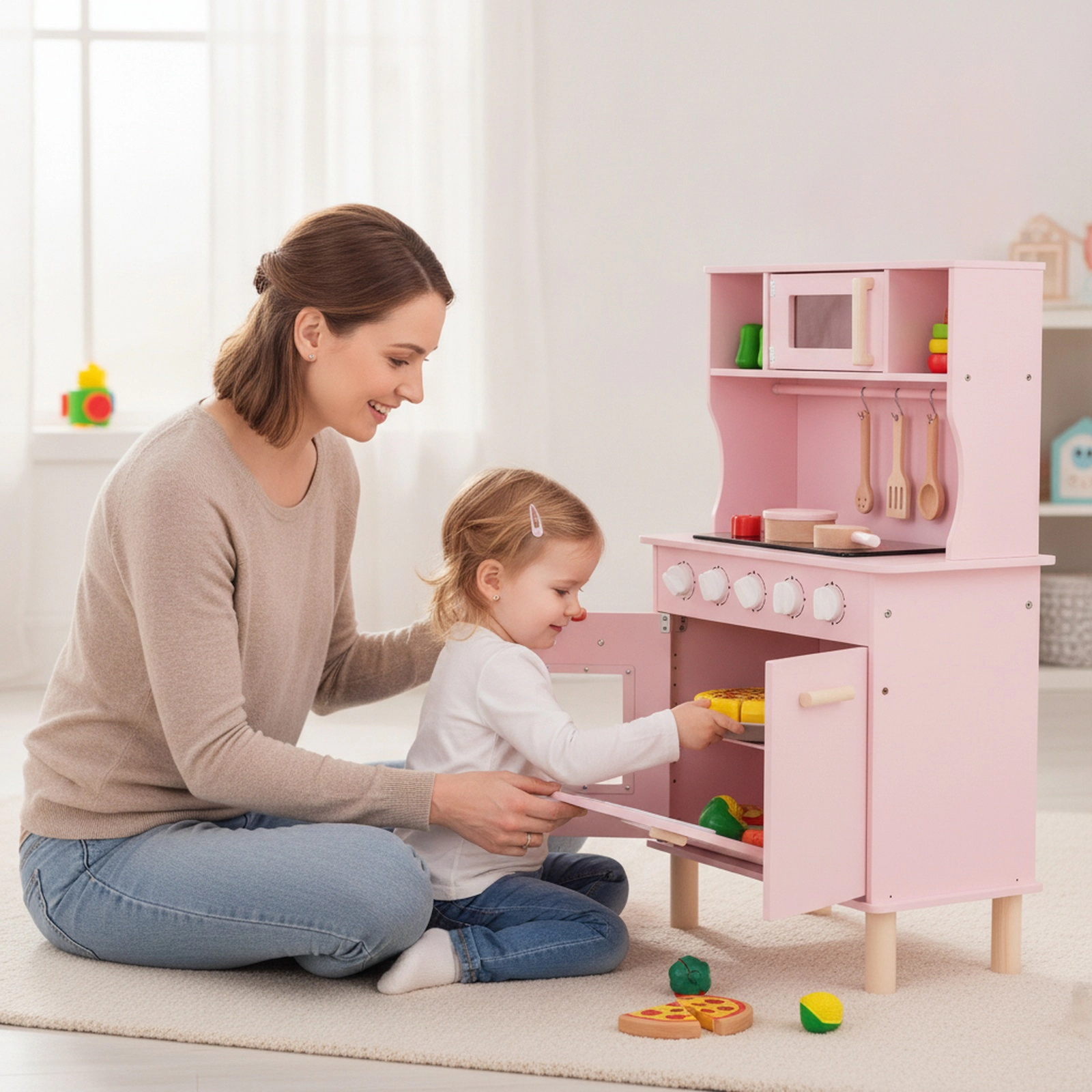 Kitchen Set for Kids Dual Light-Up Stoves Removable Sink Storage 22-in Wooden Play Kitchen Pine Wood Legs Ages 3+ Pink