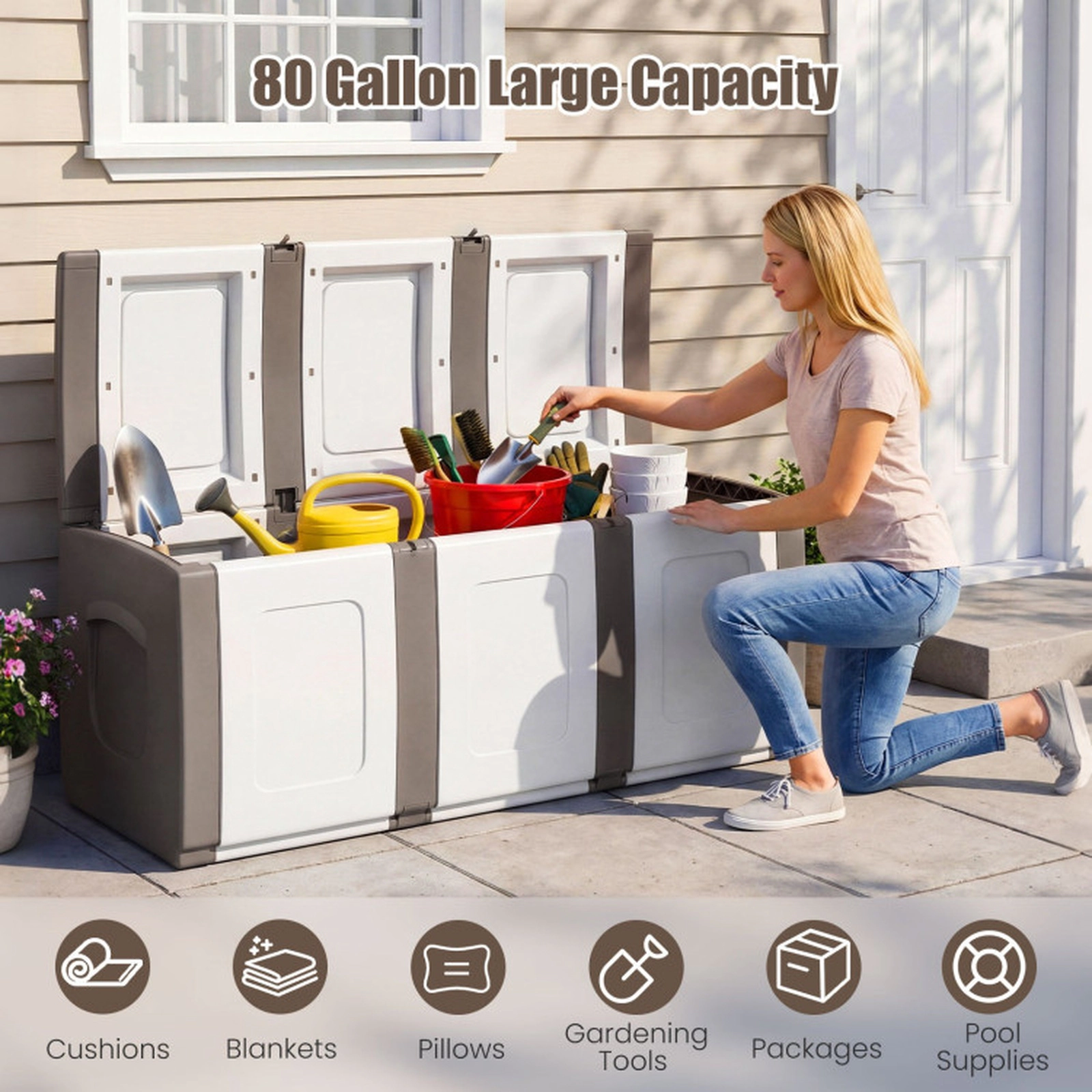 SUGIFT 80-Gal 90-lb Capacity Lockable Waterproof PP Deck Box Outdoor Patio Storage Container with Lid