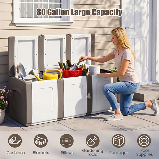 SUGIFT 80-Gal 90-lb Capacity Lockable Waterproof PP Deck Box Outdoor Patio Storage Container with Lid