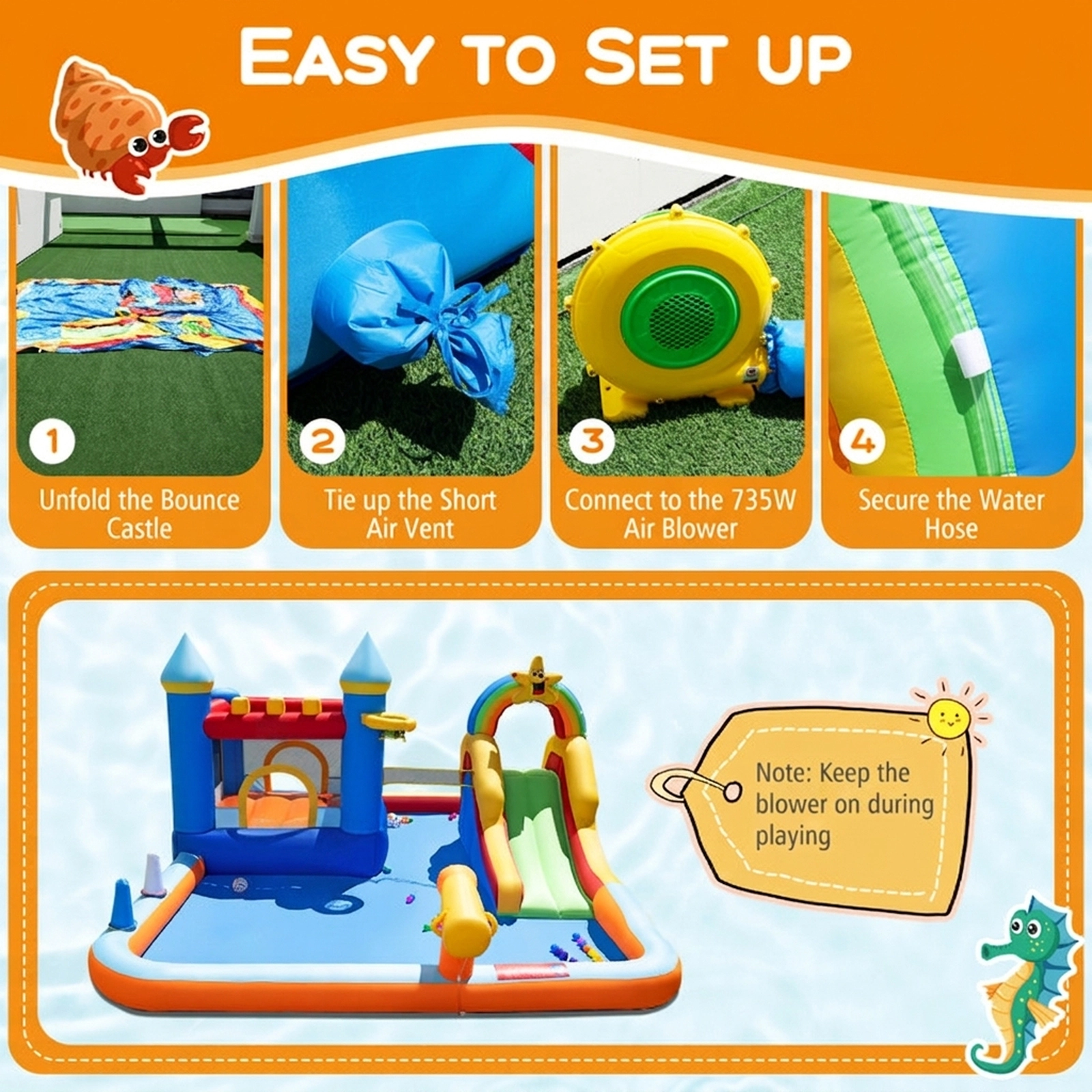 SUGIFT Inflatable Bouncy Castle Water Slide Park with Climbing Wall 50 Ocean Balls and 735W Blower
