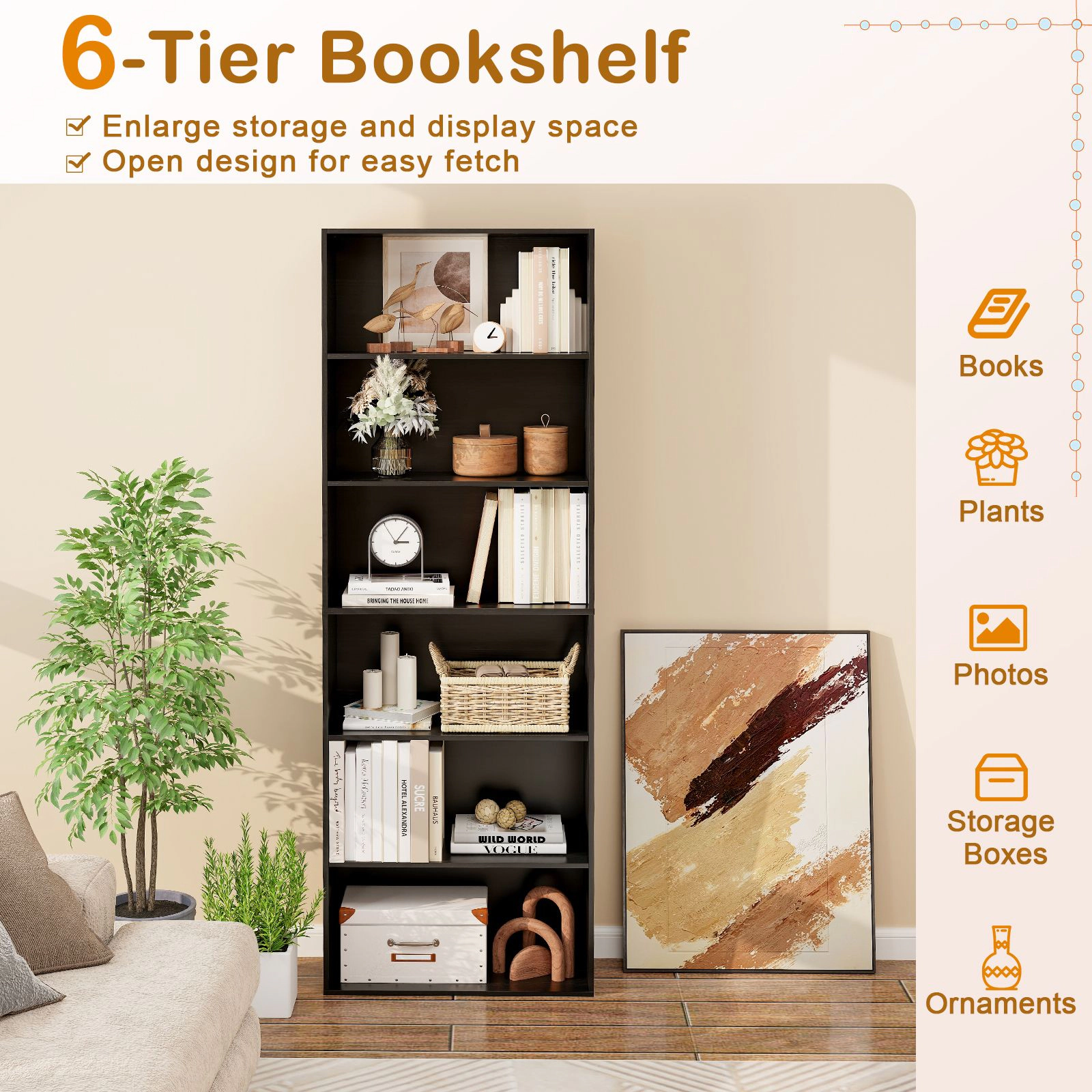 SlickBlue 70 Inch Freestanding Bookcase Display Shelf with 6 Storage Tiers