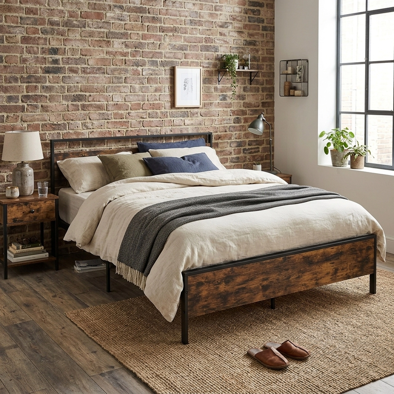 SUGIFT King Industrial Metal Platform Bed with Rustic Wood Panel Headboard, 1100-lb Capacity