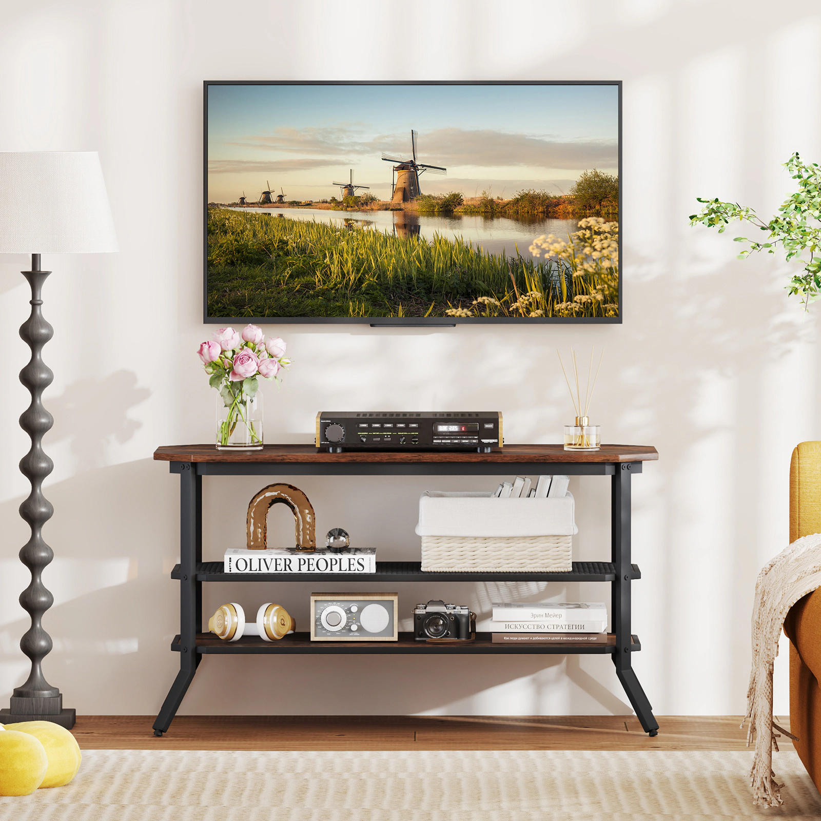LJG 3-tier Console Table TV Stand with Mesh Storage Shelf