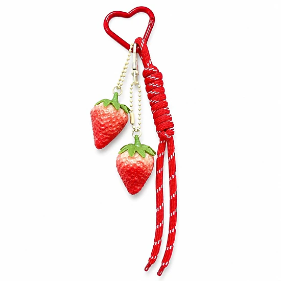 Alilang Women's 3D Strawberry Bag Charm Keychain with Heart Clasp and Braided Cord Tails, Lime Green