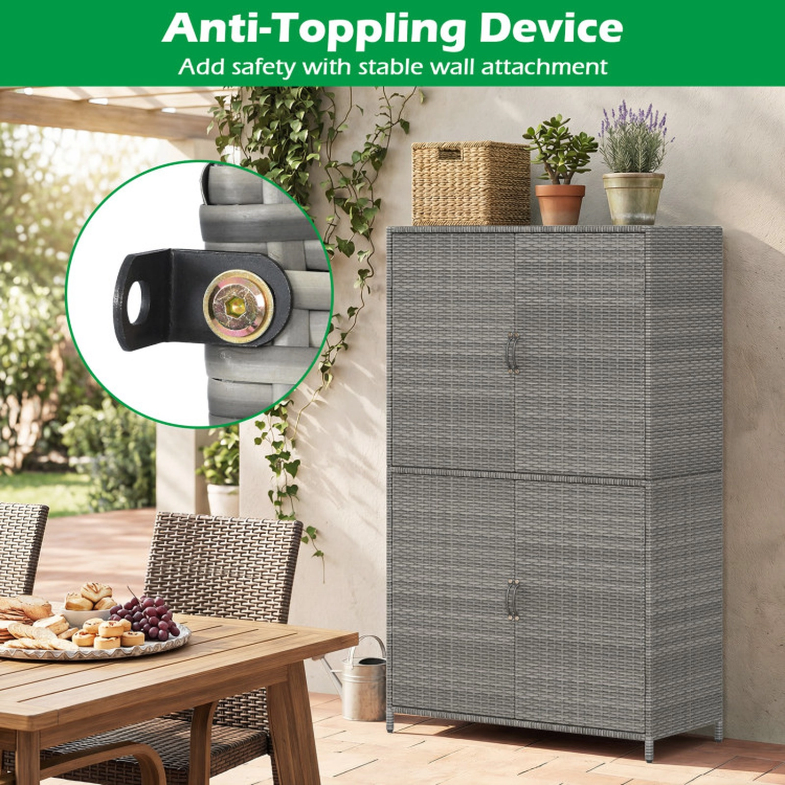 SUGIFT Gray 4-Door PE Rattan Vertical Outdoor Storage Shed with 80-lb Adjustable Removable Shelves
