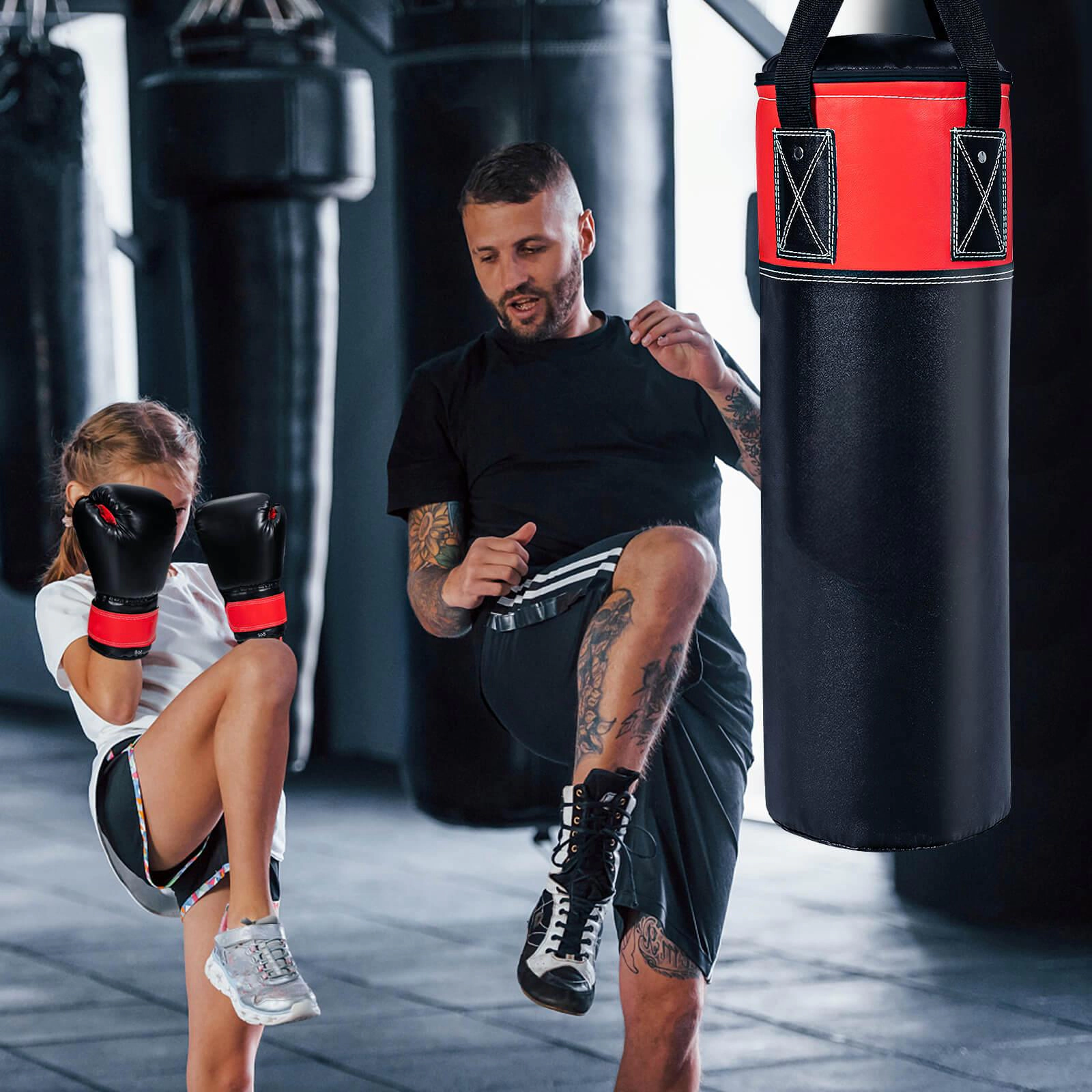 SUGIFT Black 11-lb Kids Hanging Punching Bag with Boxing Gloves and 95-in Hand Wraps 8-in W 8-in D 23.5-in H