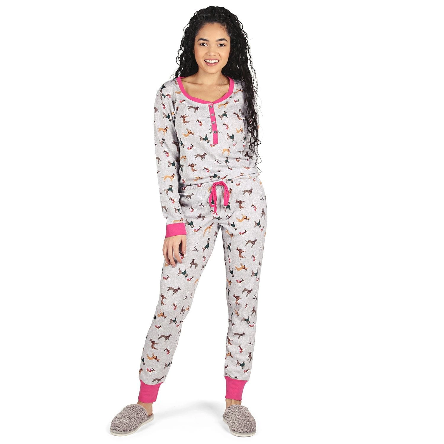 MeMoi Women's Henley Cotton-Rich Pajama Set with Dog Print