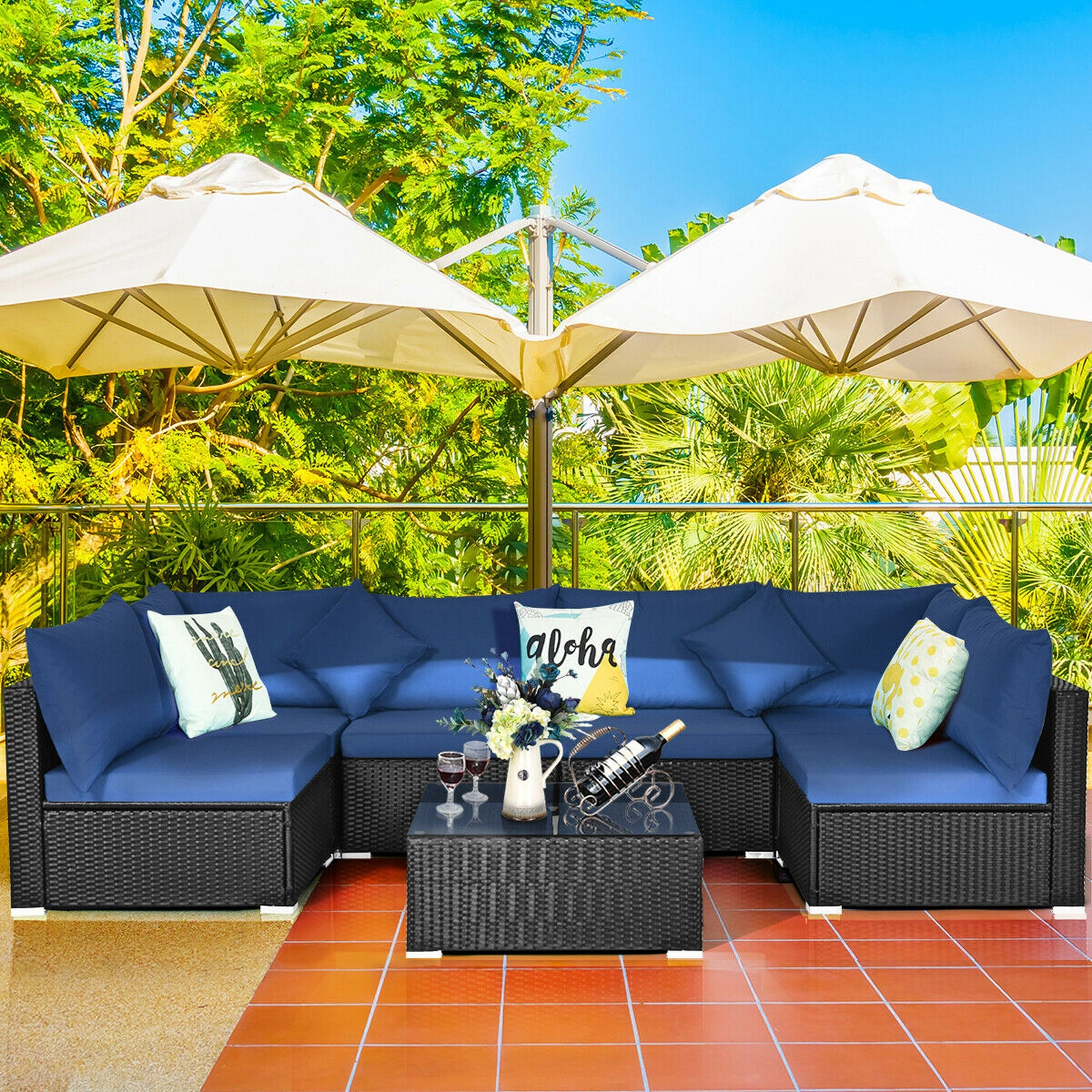 SUGIFT Tempered Glass Top Table and Cushions 7-Piece Outdoor Wicker Sectional Sofa Set