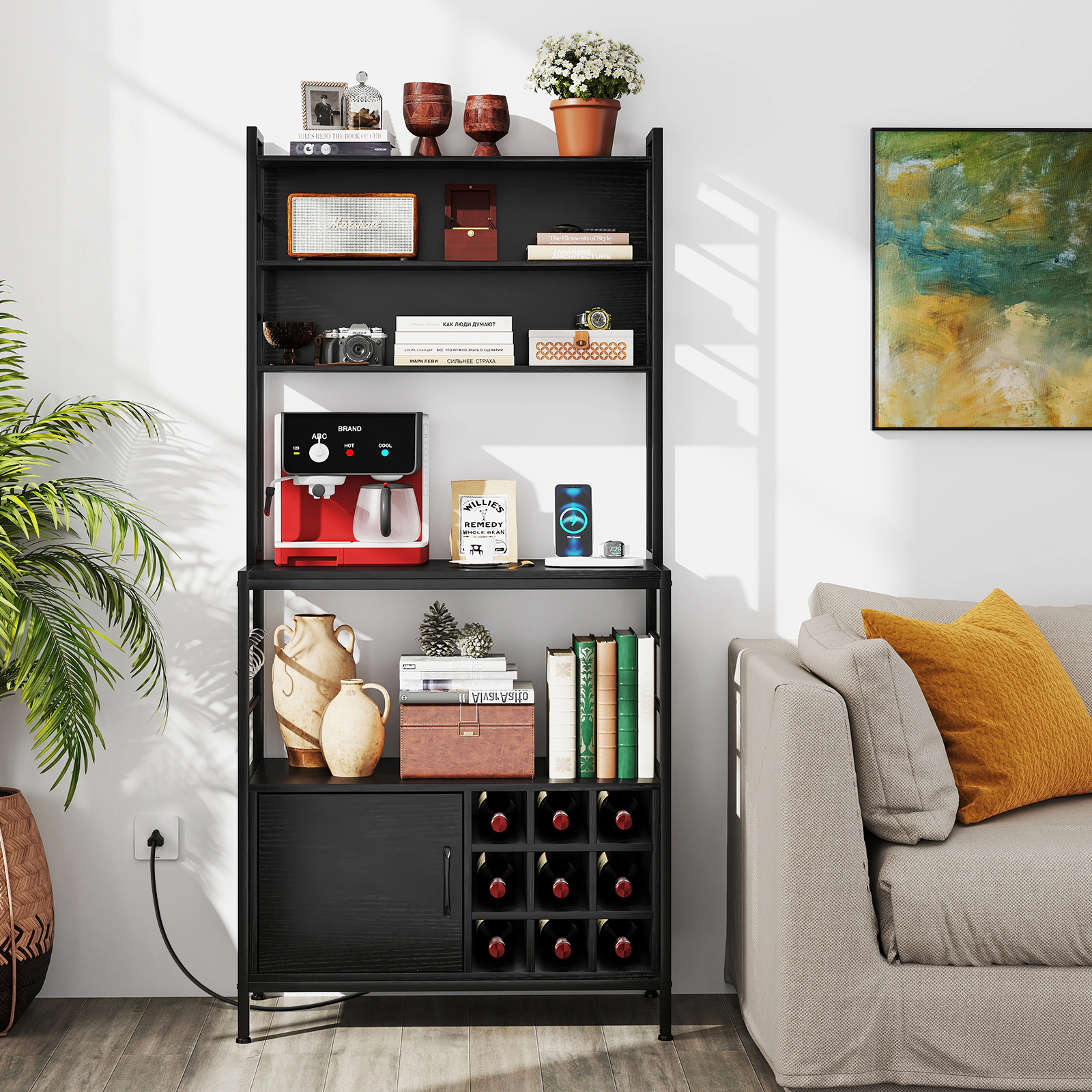 SUGIFT Coffee Bar Cabinet Black with Power Outlet S-Shaped Hooks and Wine Holders