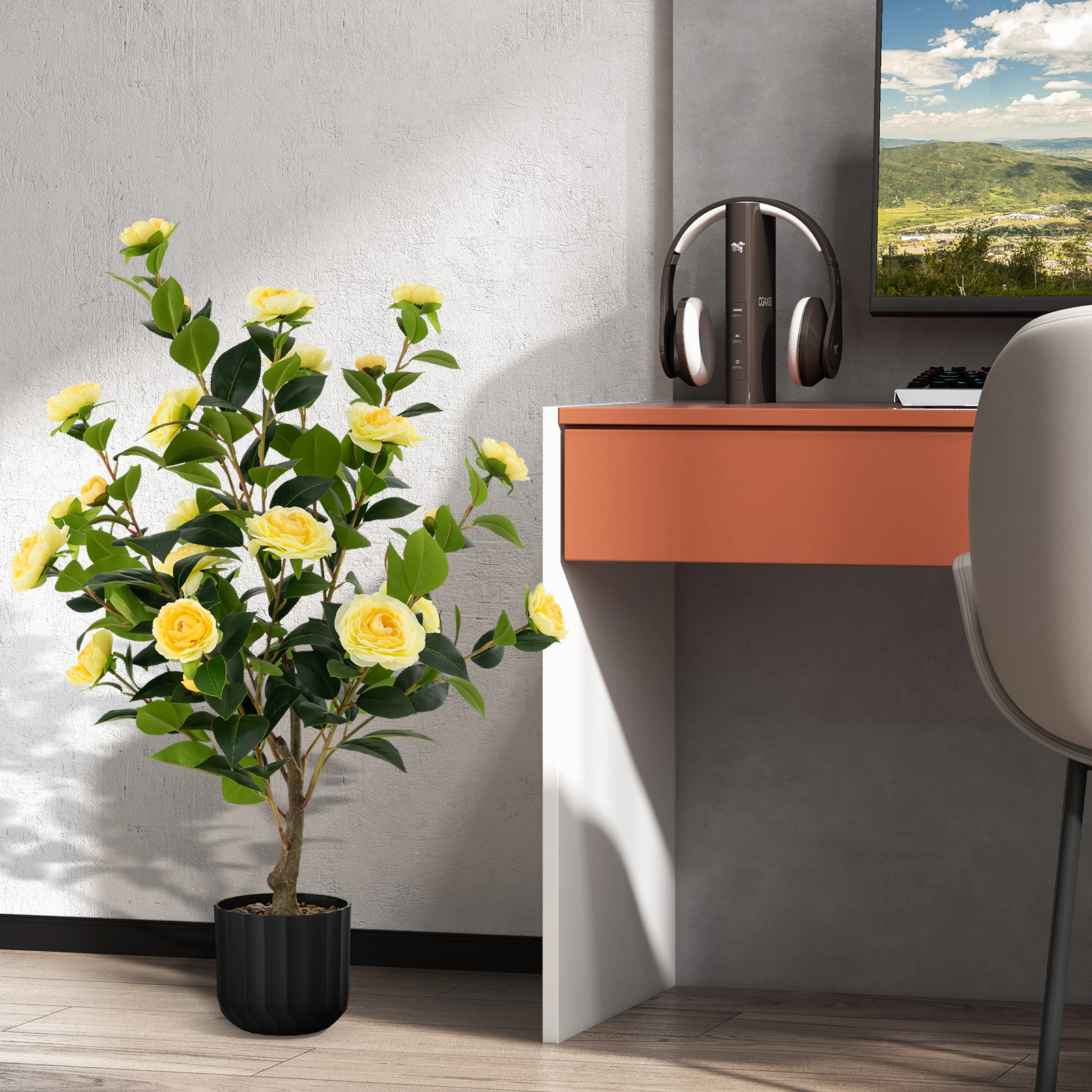 SUGIFT 38-in Artificial Yellow Camellia Tree with 24 Silk Blooms 186 Leaves and Pebble-Topped Pot