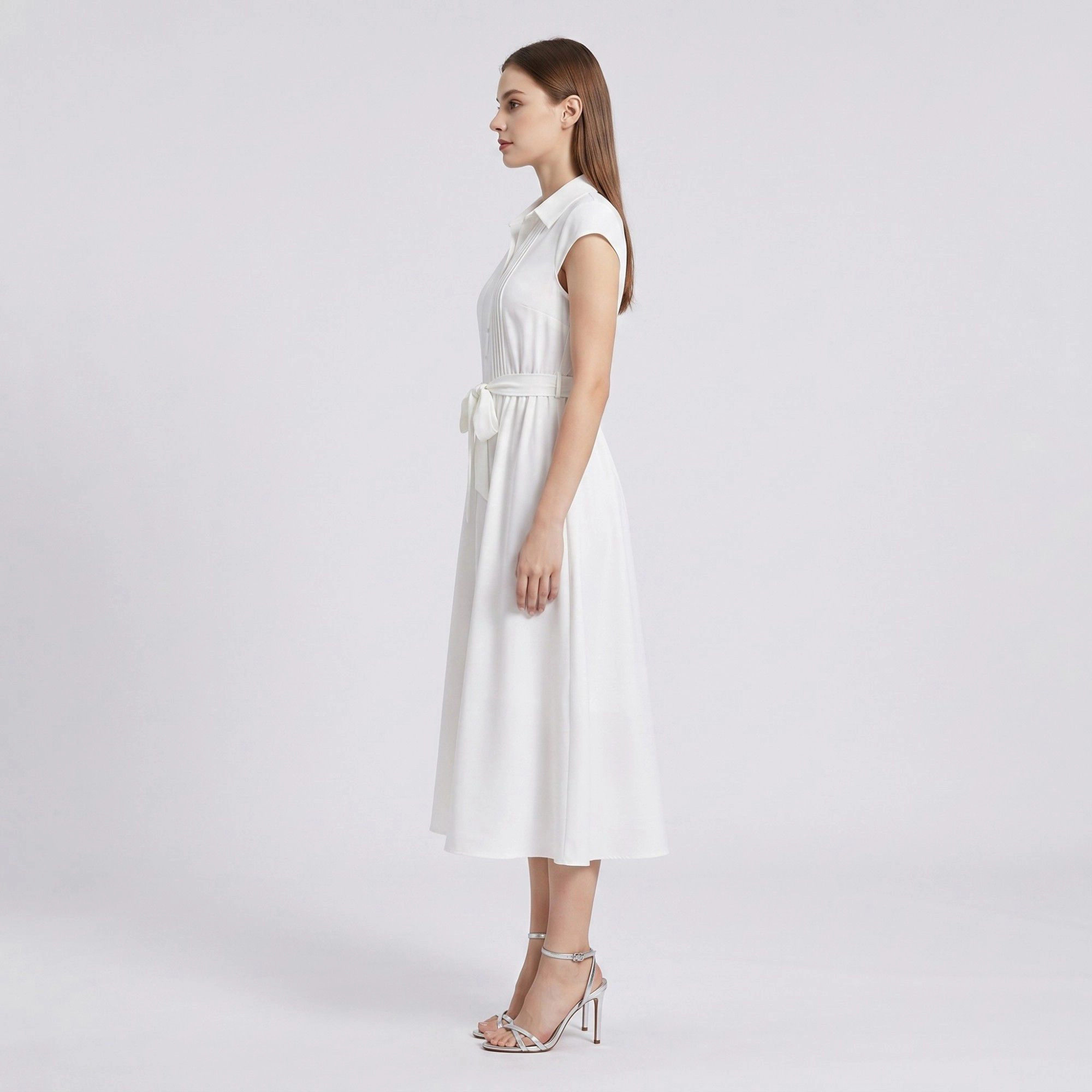 Anna-Kaci Women's Collared Button Front Cap Sleeve Midi Pintuck Bodice Tie Waist Shirt Dress