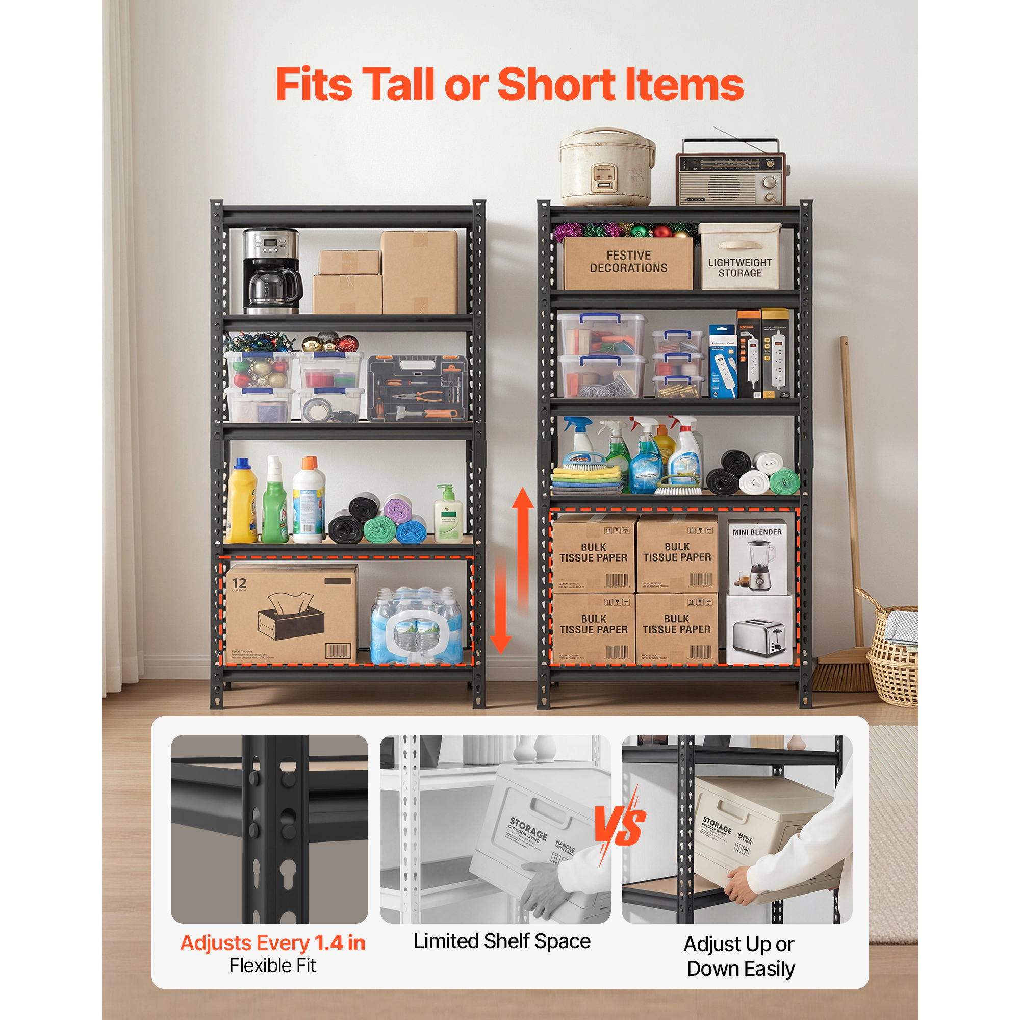 Flynama 5 Tier 32.4 x 16.3 x 62.8 in Shelves 2000 LBS Adjustable Heavy Duty Utility Rack for Kitchen Pantry