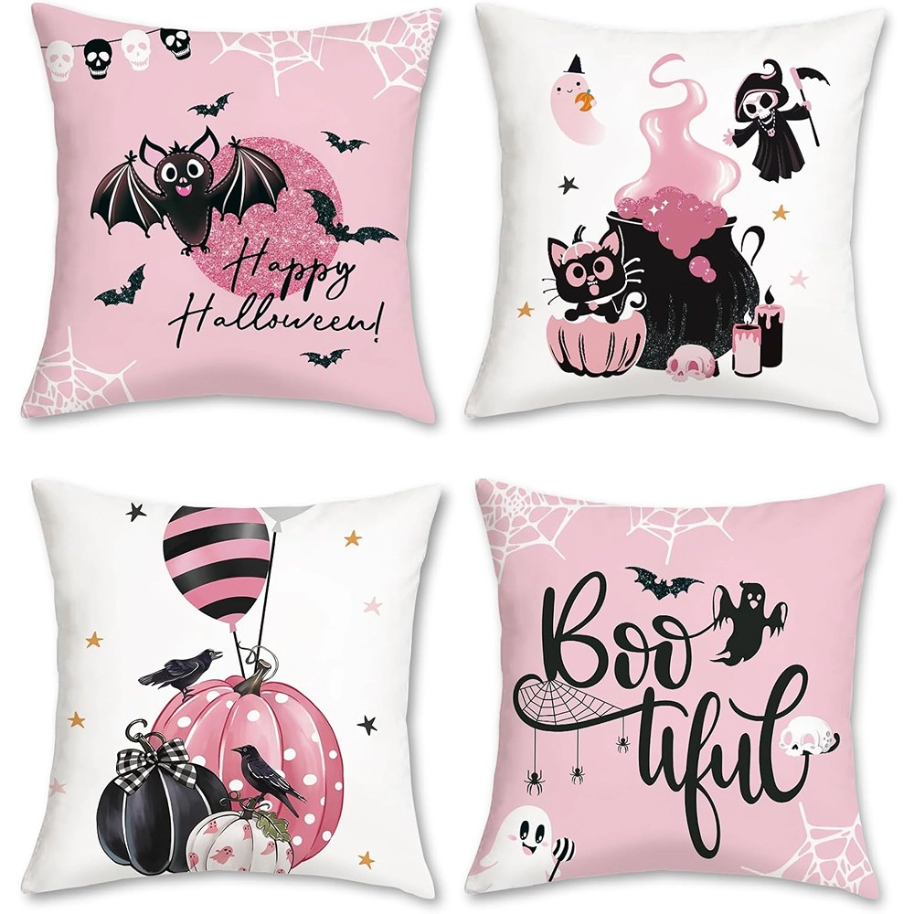 ACPJR Halloween Throw Pillow Covers Set of 4, Black Cat Pumpkin Skull Bat Boo Pink Decorative Pillowcases, 18 x 18 Inch