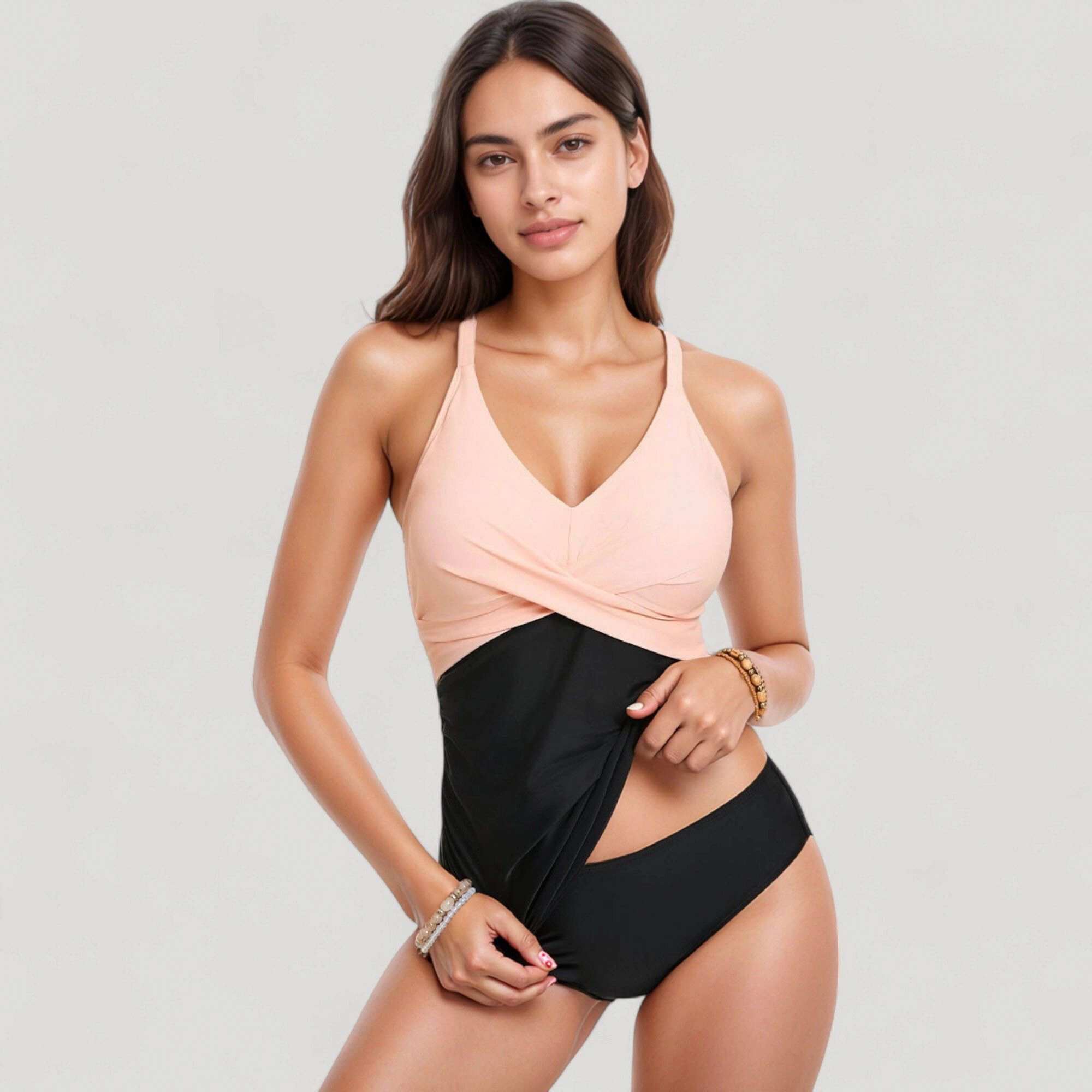 Anna-Kaci Women Twist Front One-Piece Swimsuit, Ruched Waist Panel and Adjustable Straps