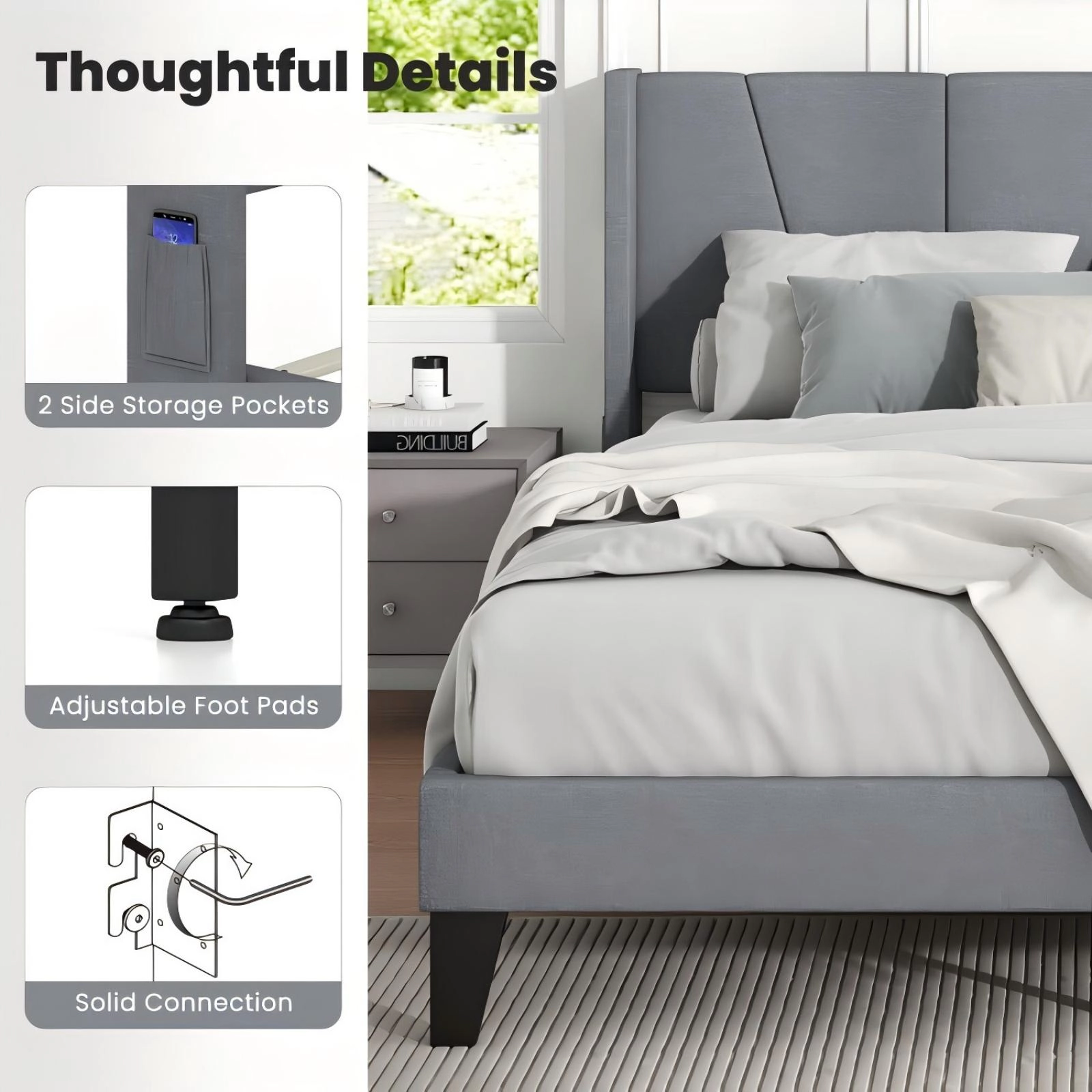 SUGIFT Gray Wingback Headboard and Wood Slat Support Queen Size Upholstered Bed Frame