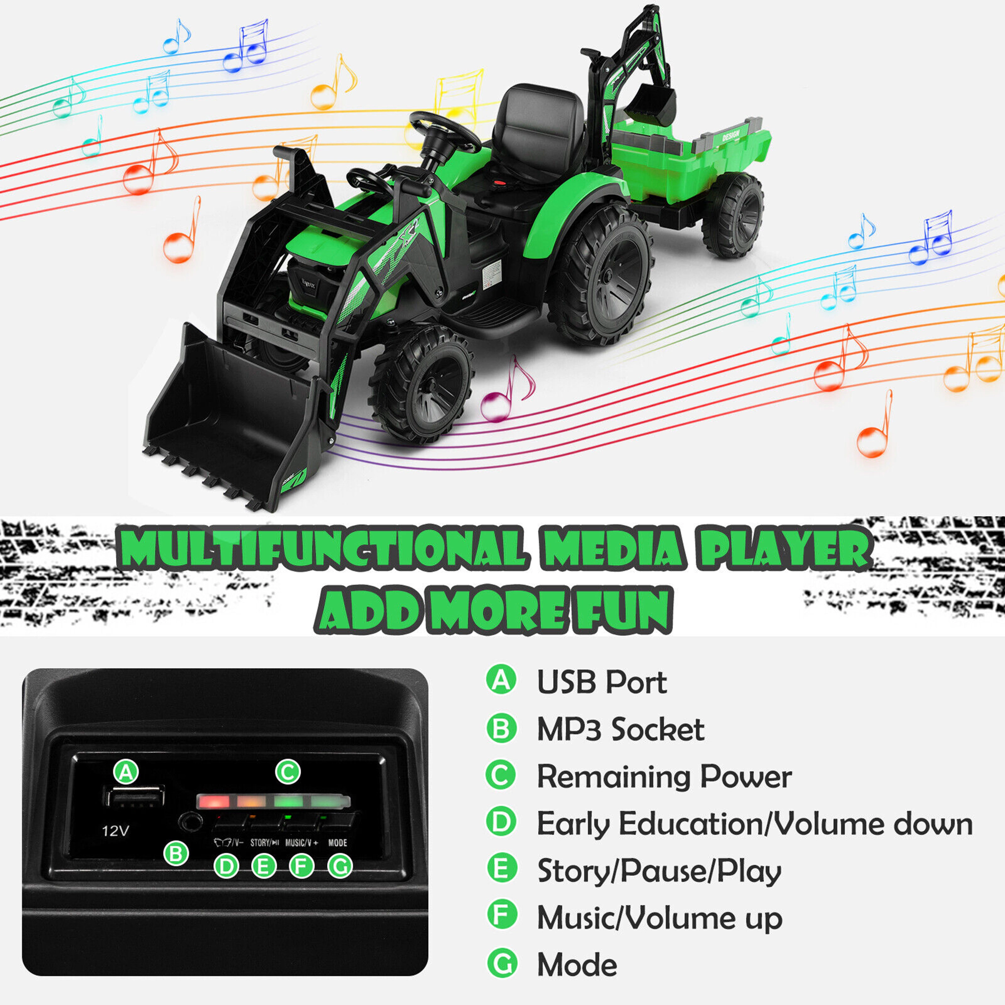 Costway 3-in-1 Kids Ride On Excavator Bulldozer 12V Electric Tractor Remote w/ Trailer Green