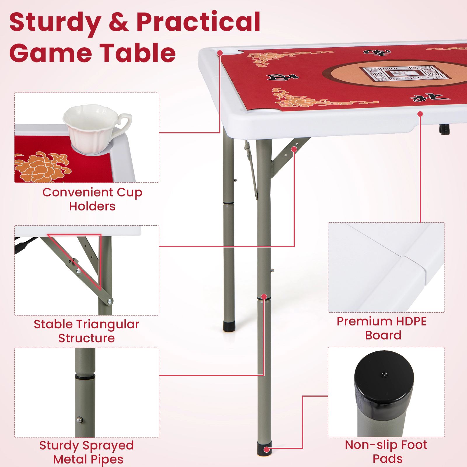 SUGIFT 35-in 180-lb Capacity Portable Folding Mahjong Table with 32.5-in Felt Mat and Cup Holders