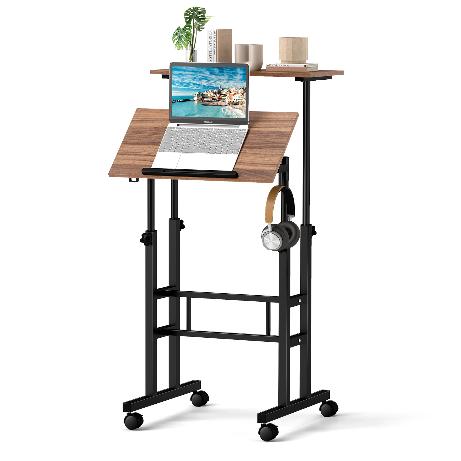 SUGIFT Height-Adjustable Mobile Standing Desk with Split Top 44-lb Capacity Walnut/Natural/Black