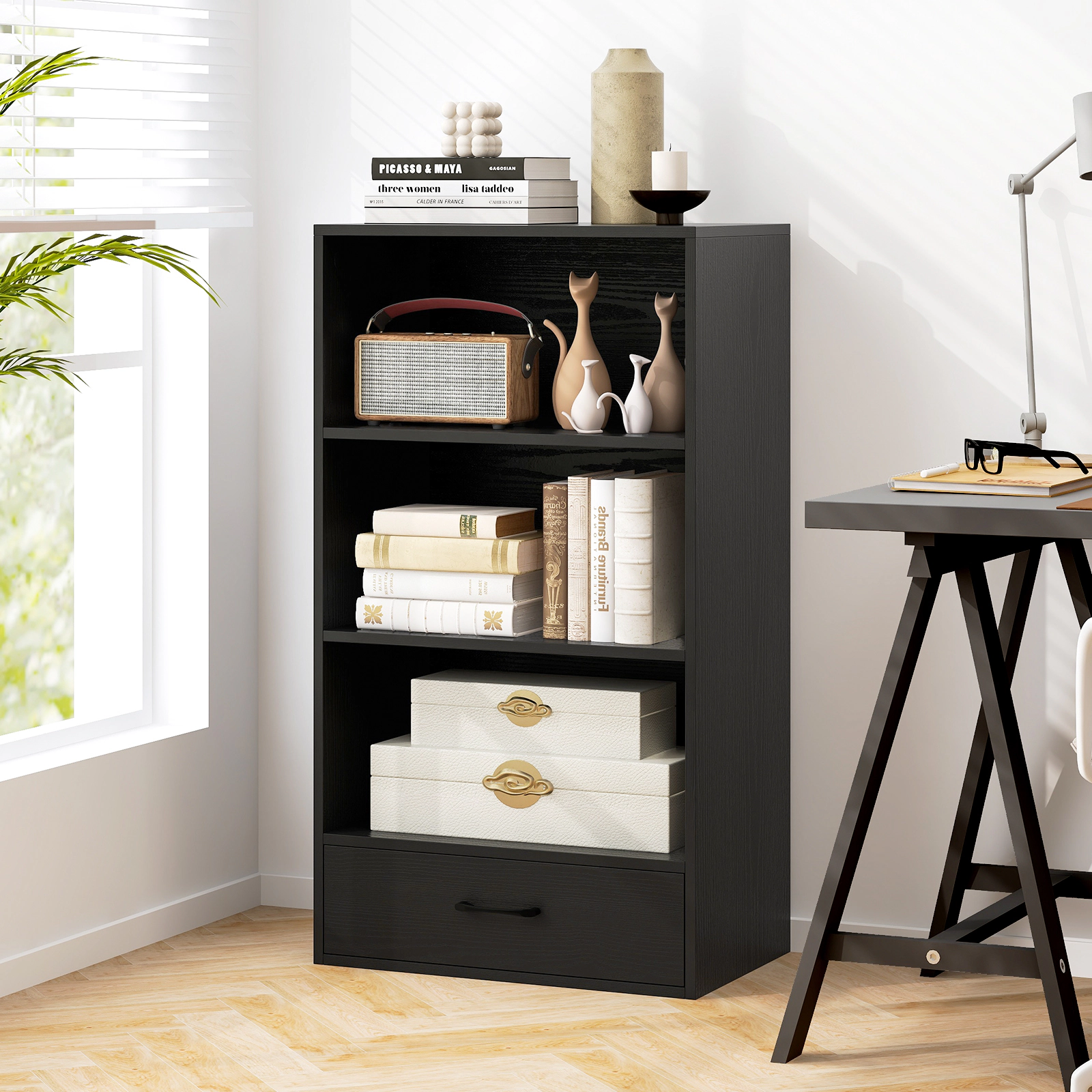SUGIFT 4-Tier Natural Bookcase with Base Drawer and Anti-Toppling Device 24-in W 42.5-in H 44-lb Per Shelf