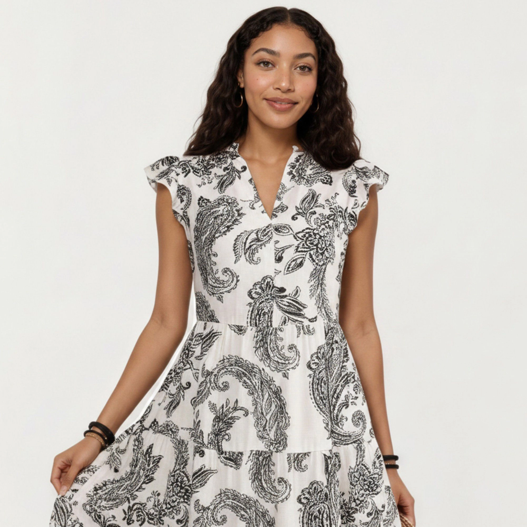 Anna-Kaci Women's Paisley Print Flutter Sleeve Tiered Maxi Dress