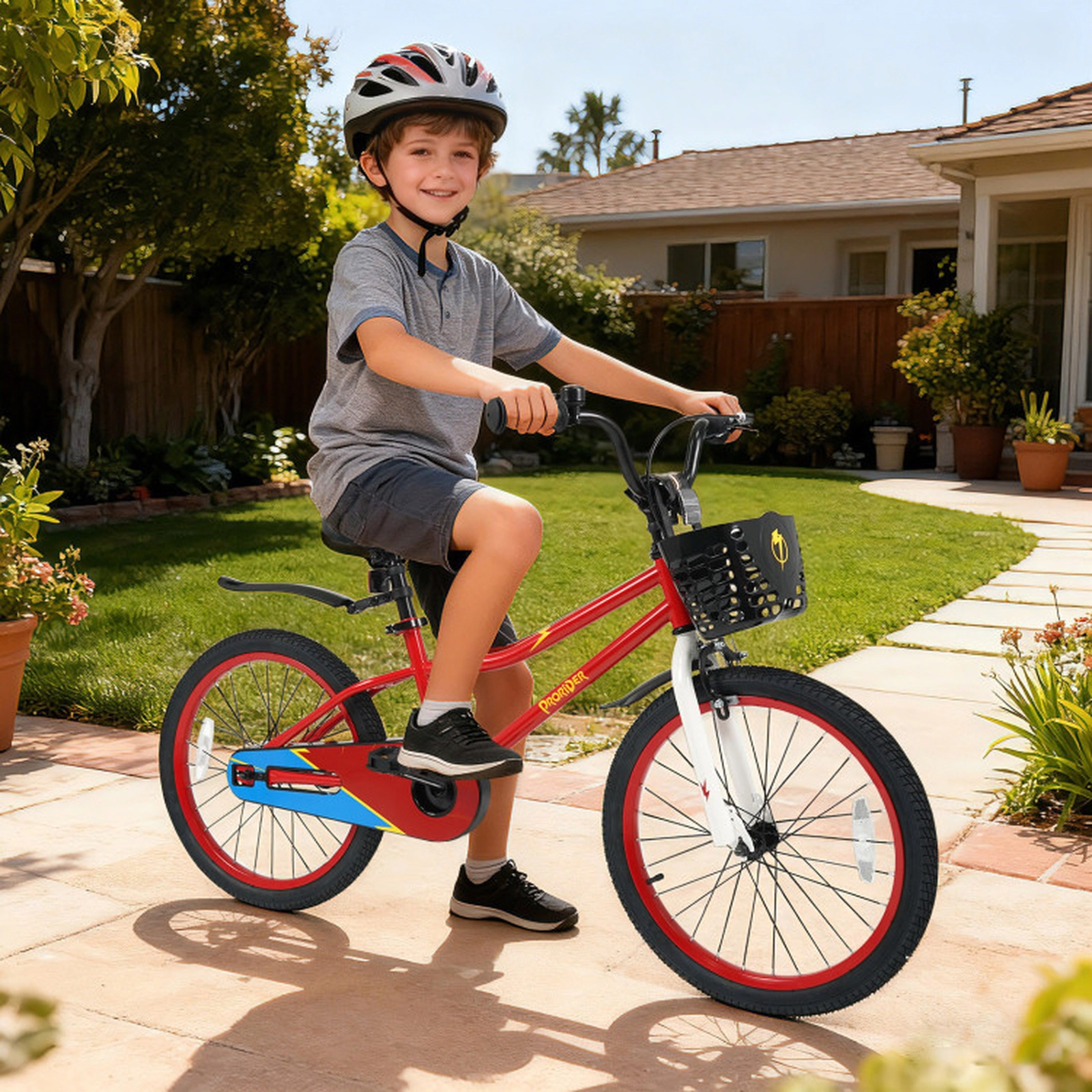 SUGIFT 20-Inch Kids Bicycle with Adjustable Seat Hand and Coaster Brakes 143-lb Capacity Ages 8+ Navy/Red/White