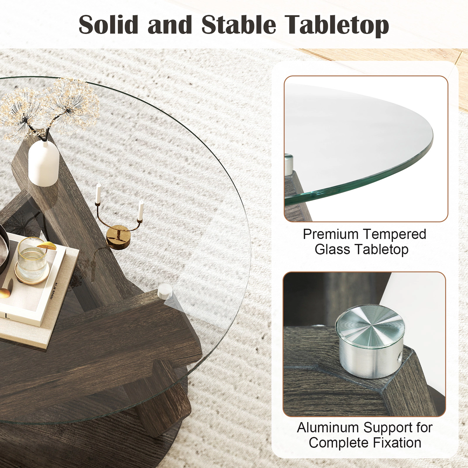 Glintex 32-Inch Round Coffee Table with Tempered Glass Top and Wood Base, Gray