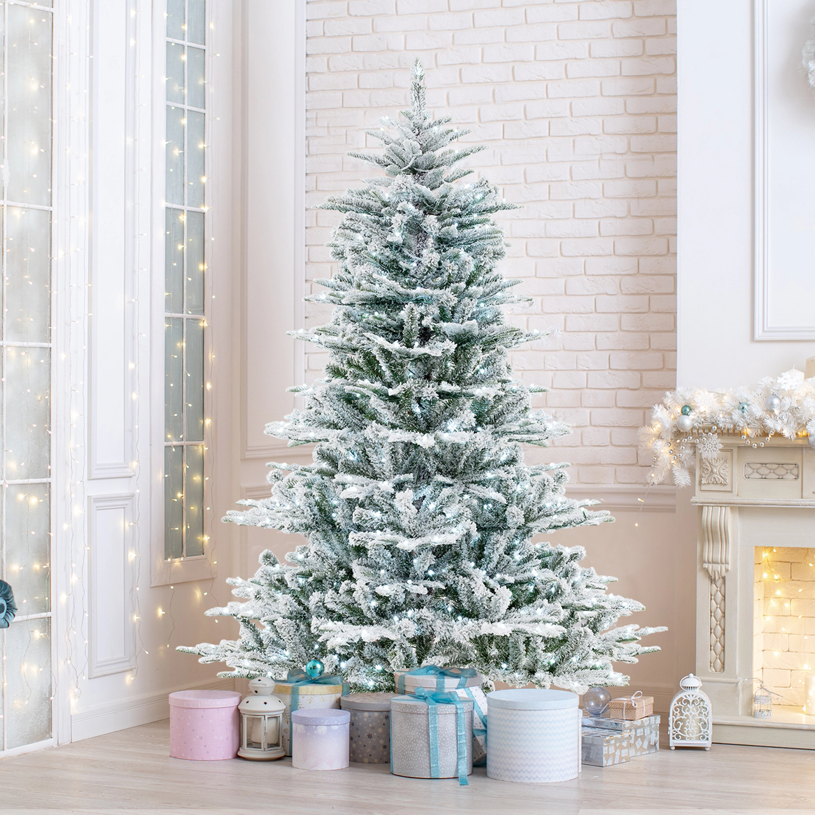 SlickBlue Snow Flocked Christmas Tree with Cool White LED Lights