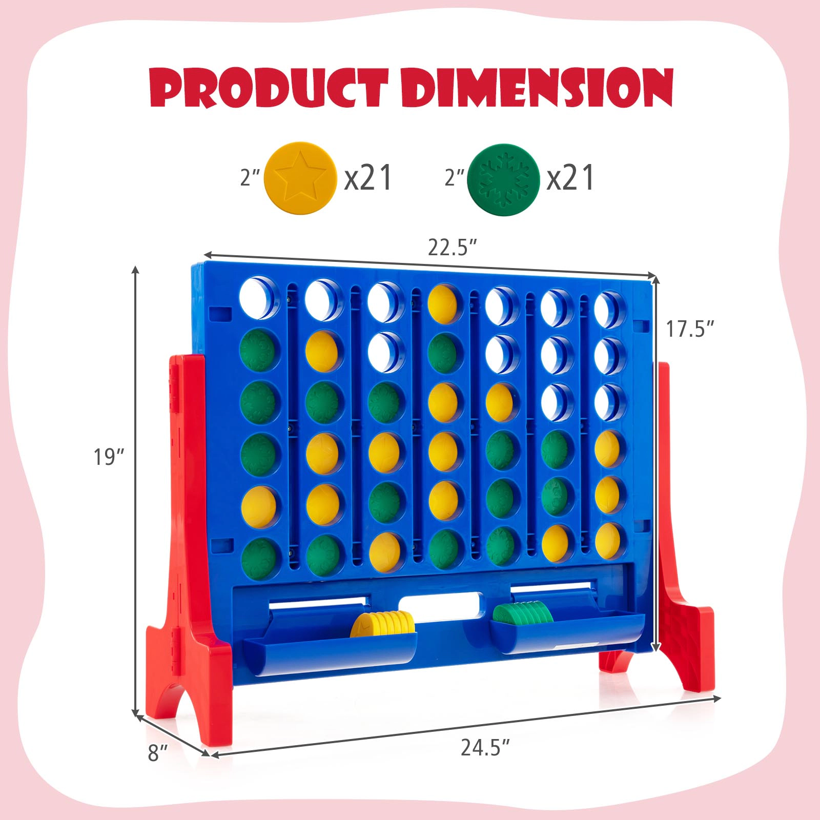 SUGIFT Red Jumbo 4-to-Score Connect Game Set with Carrying Bag and 42 Coins 24.5-in W 8-in D 19-in H