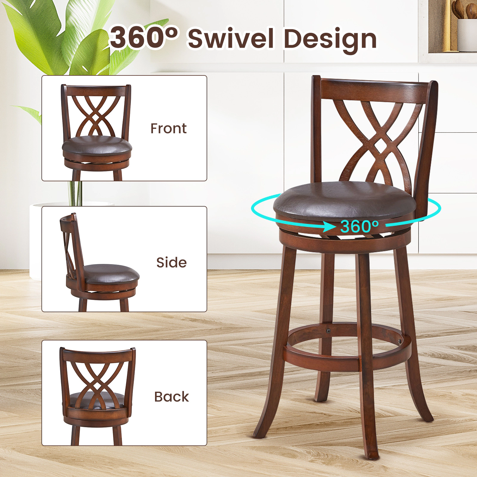 SUGIFT Set of 2 Brown 30-Inch Swivel Bar Stools, PU Leather Cushion