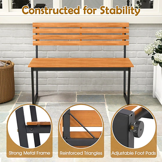 SUGIFT Backrest and Heavy Duty Metal Frame 43 Inch Outdoor Acacia Wood Patio Loveseat Bench