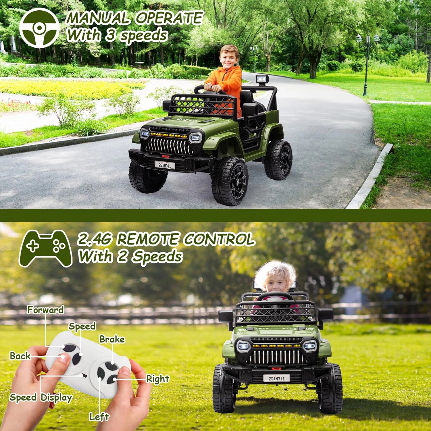 Enjyam 12V Kids Electric Ride-On Truck with Remote, Spring Suspension, LED Lights, Music, Dual 30W Motors