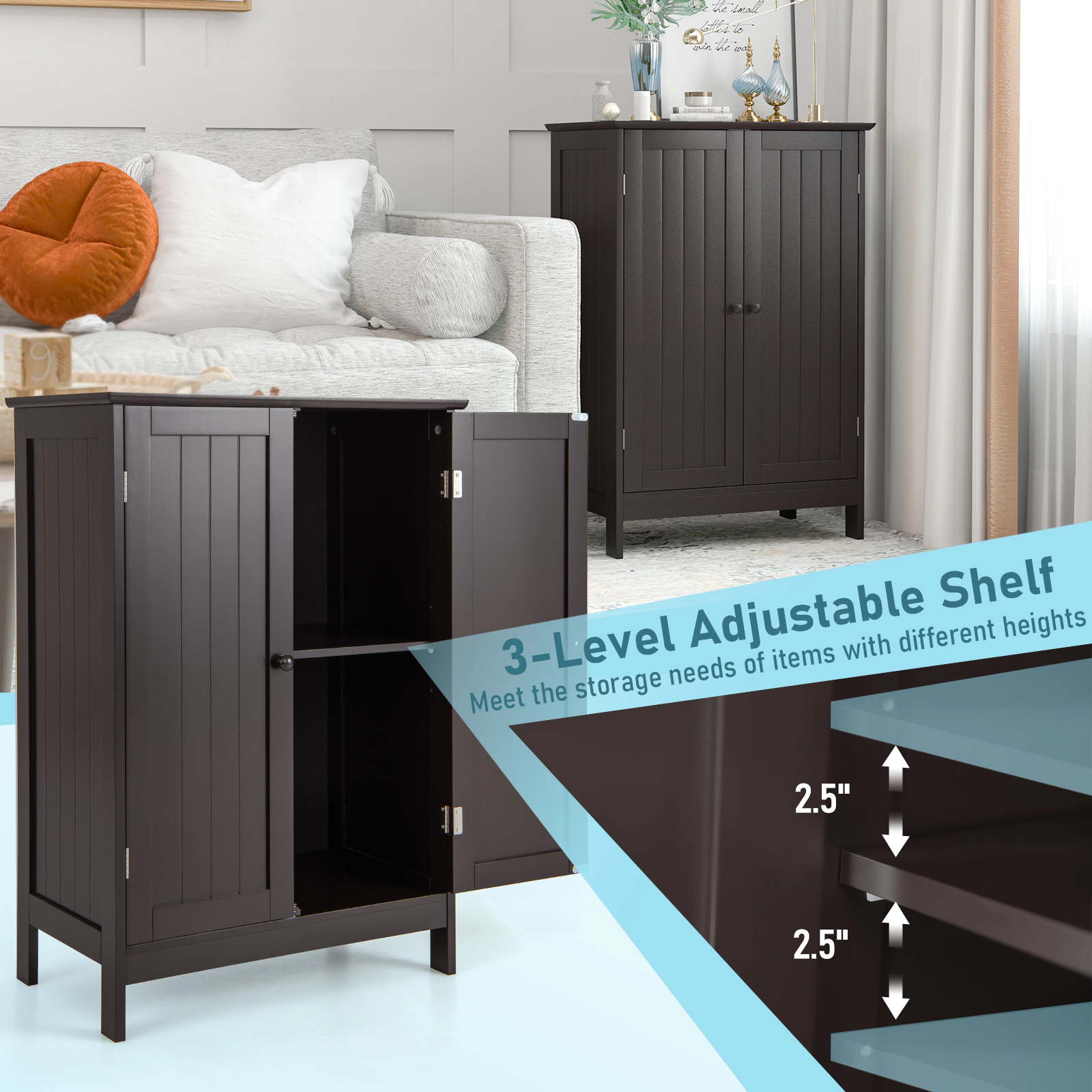 SUGIFT Bathroom Floor Storage Double Door Cupboard Cabinet 34.5-in Tall 22-lb Shelf Capacity 176-lb Top Capacity Brown