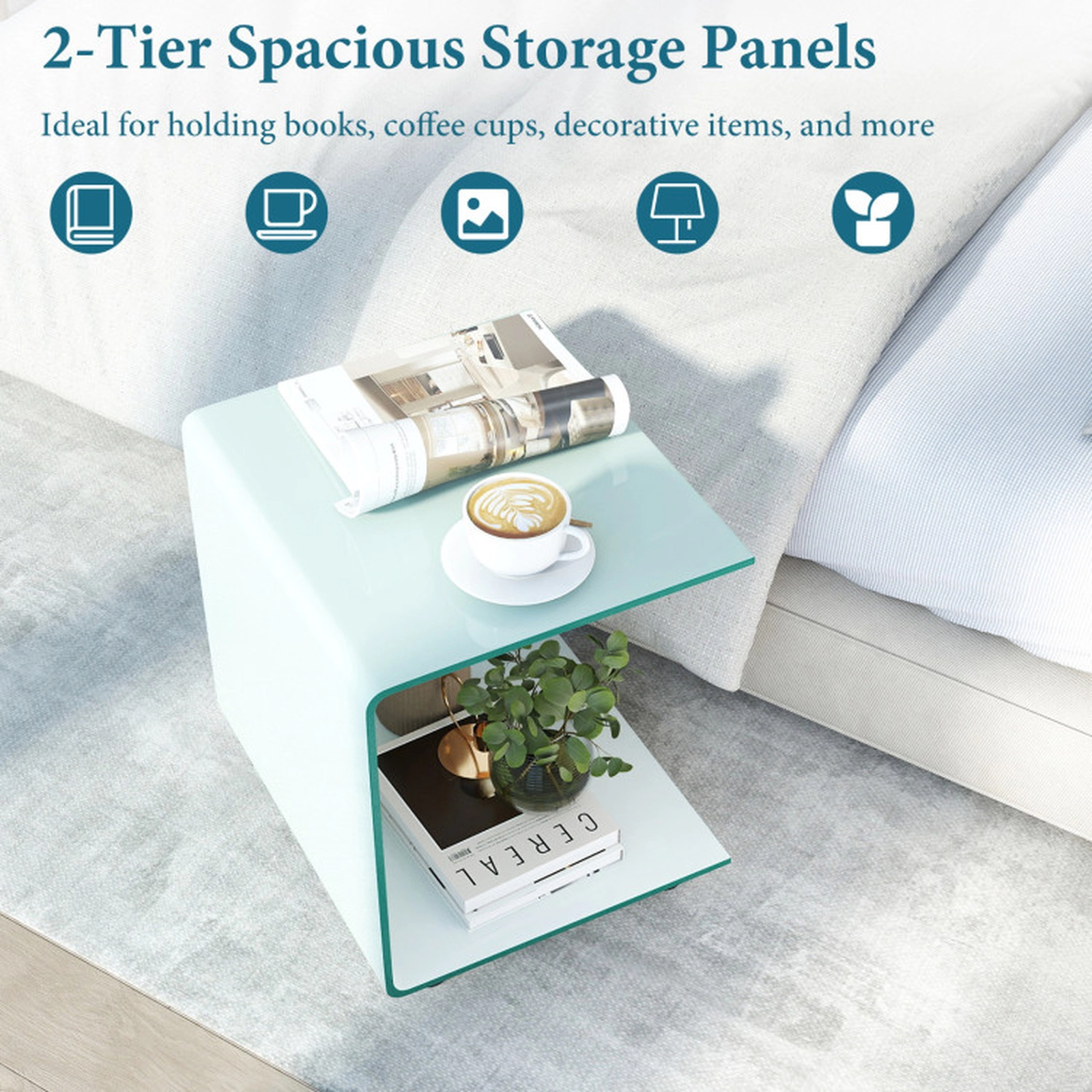 SUGIFT 2-Tier Tempered Glass Rolling Side Table, 4 Lockable Casters, 66-lb Shelves