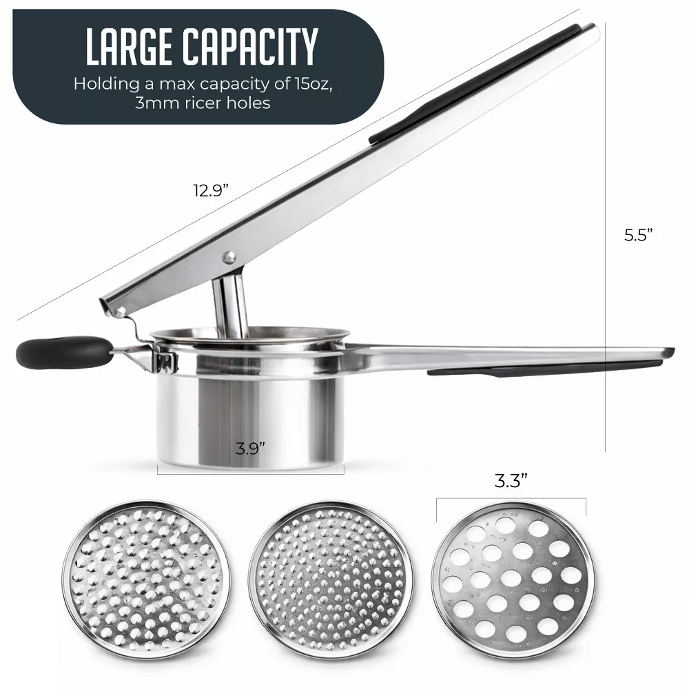 Luminuxe 15oz Potato Ricer, Heavy Duty Stainless Steel Potato Masher & Ricer Kitchen Tool, Nonslip Handle, Press & Mash