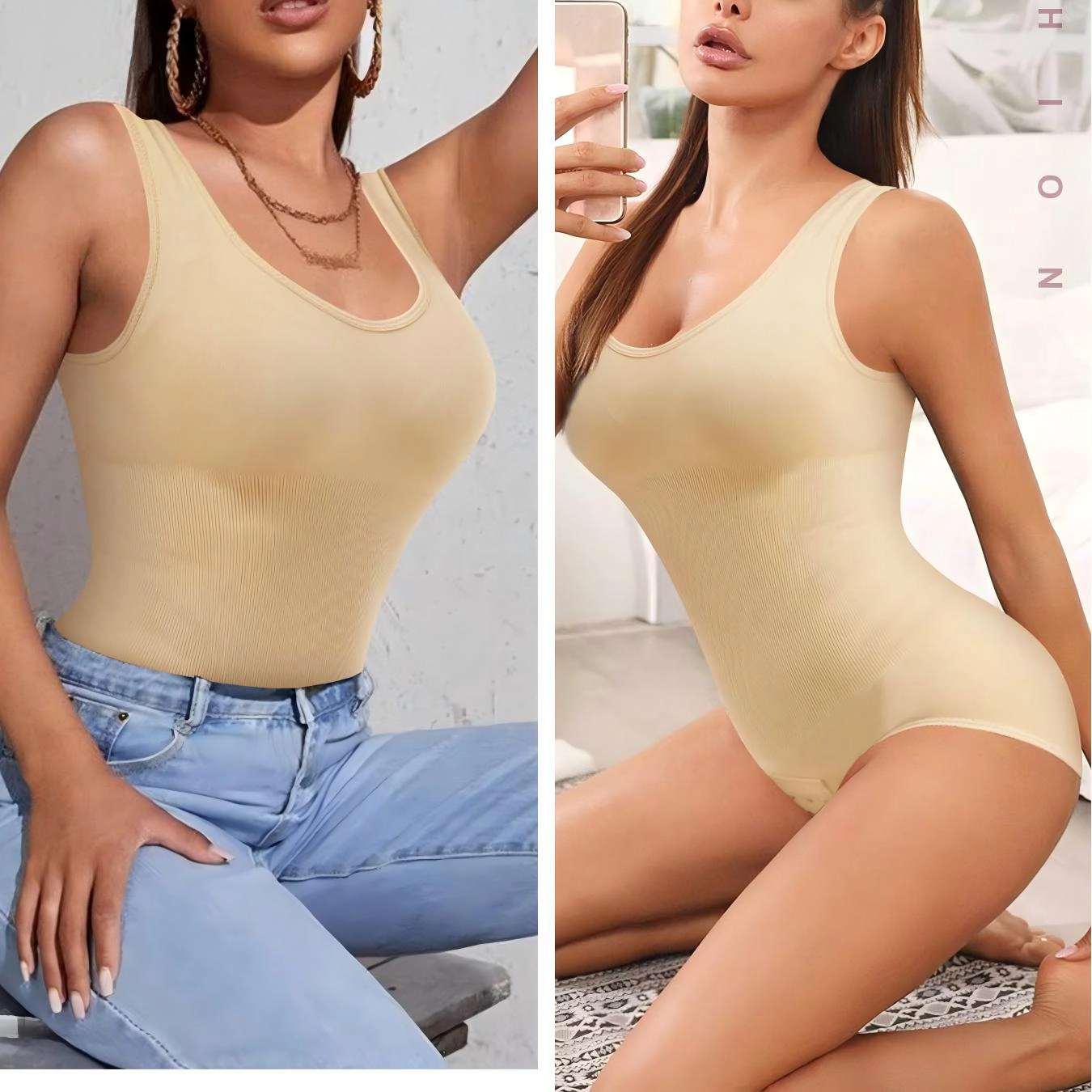 Nebility Womens One Pieces Seamless Bodysuit Round Neck Tummy Control Snap-Button Strip Down Shapewear