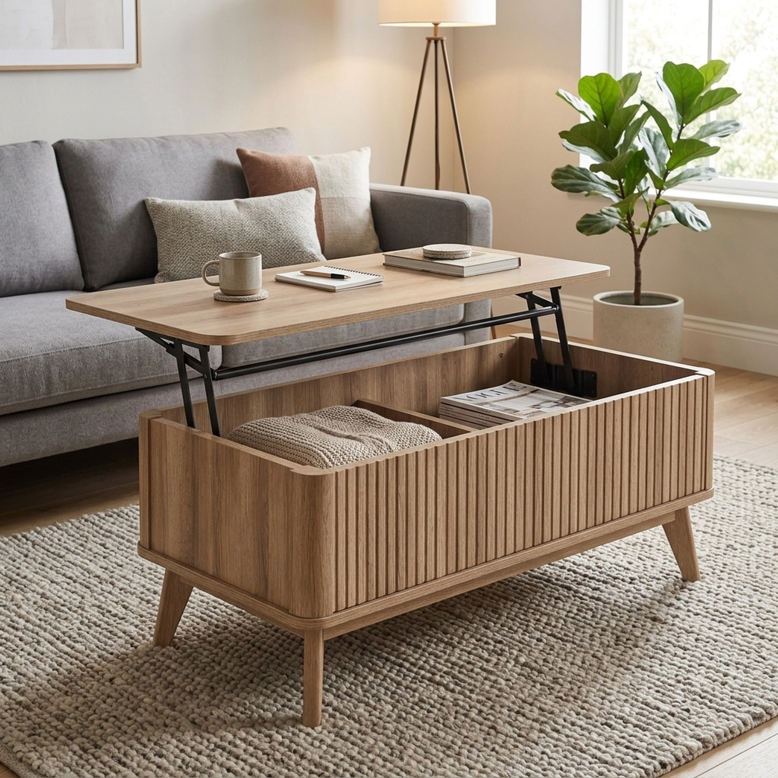 SUGIFT Rectangle Wooden Fluted Lift Top Coffee Table 200-lb Tabletop Capacity Hidden Storage Compartments Walnut