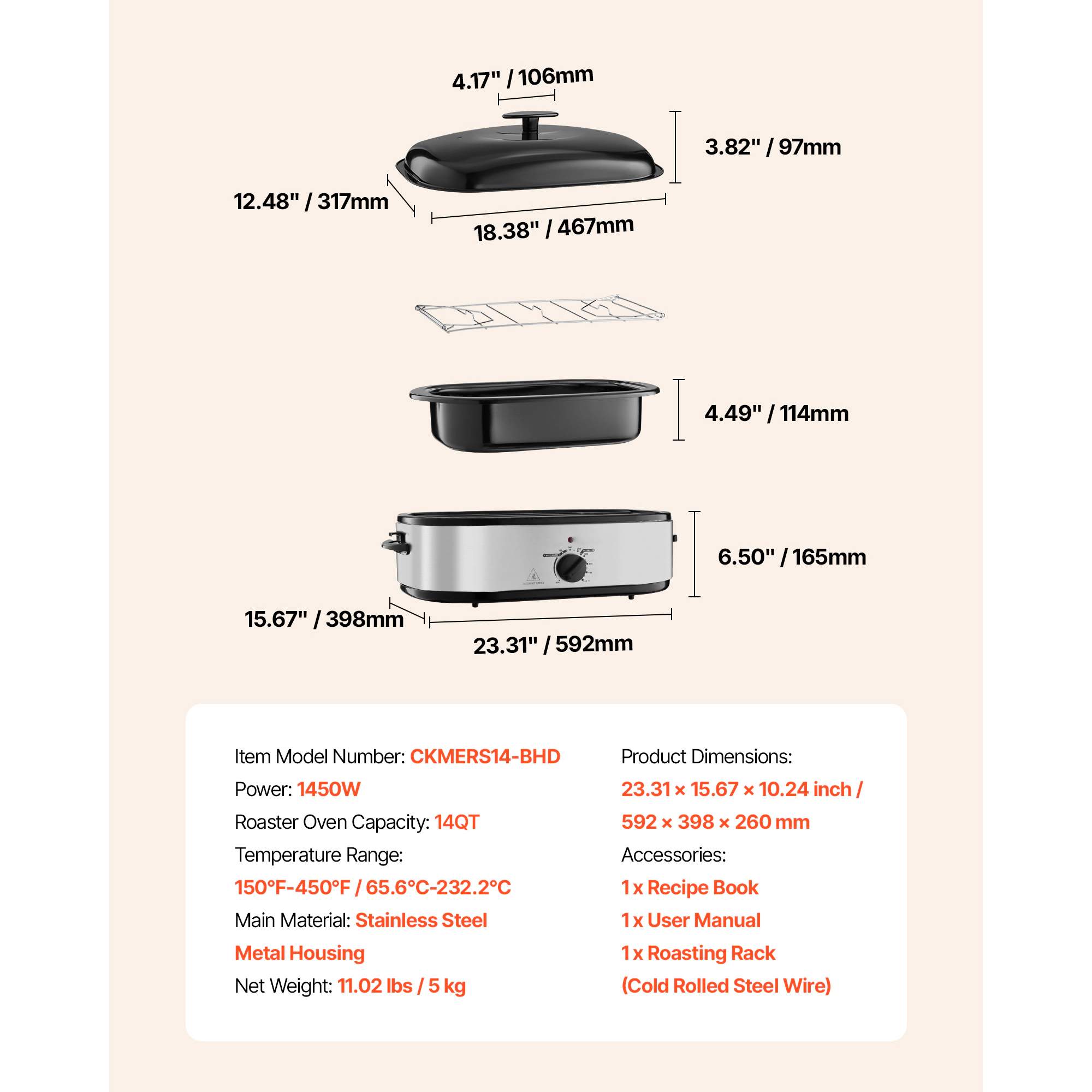HONGGE Roaster Oven Electric Roasting Pan 150-450℉ Adjustable Temperature Electric Roaster Oven with Self-Basting Lid