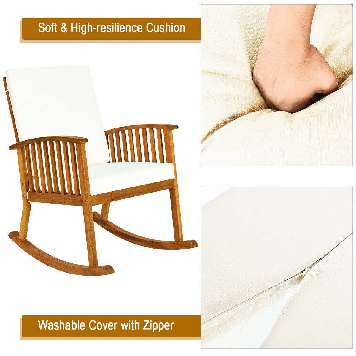 Hivvago Acacia Wood Rocking Chair with Cushions