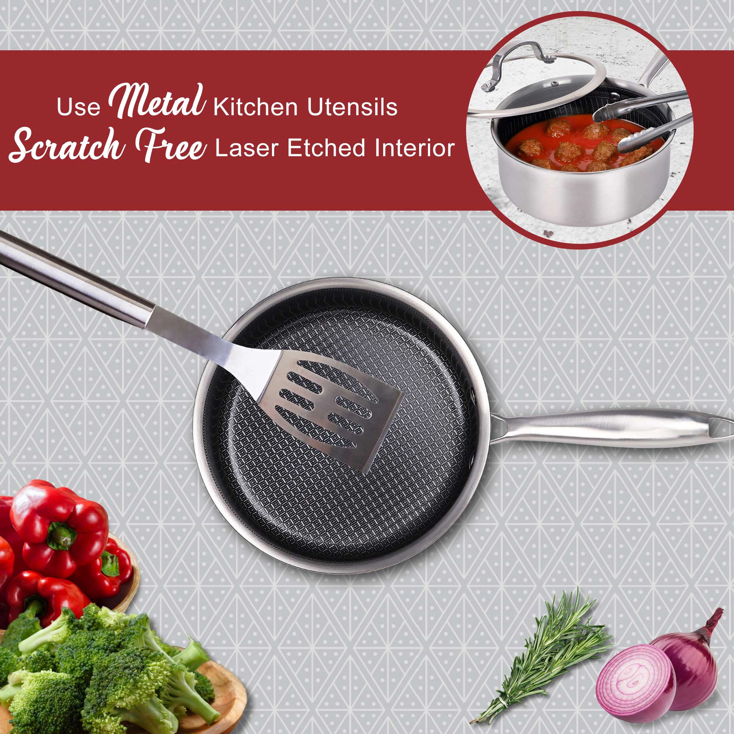 Brentwood 3 Quart 3-Ply Hybrid Non-Stick Stainless Steel Saucepan with Tempered Glass Lid